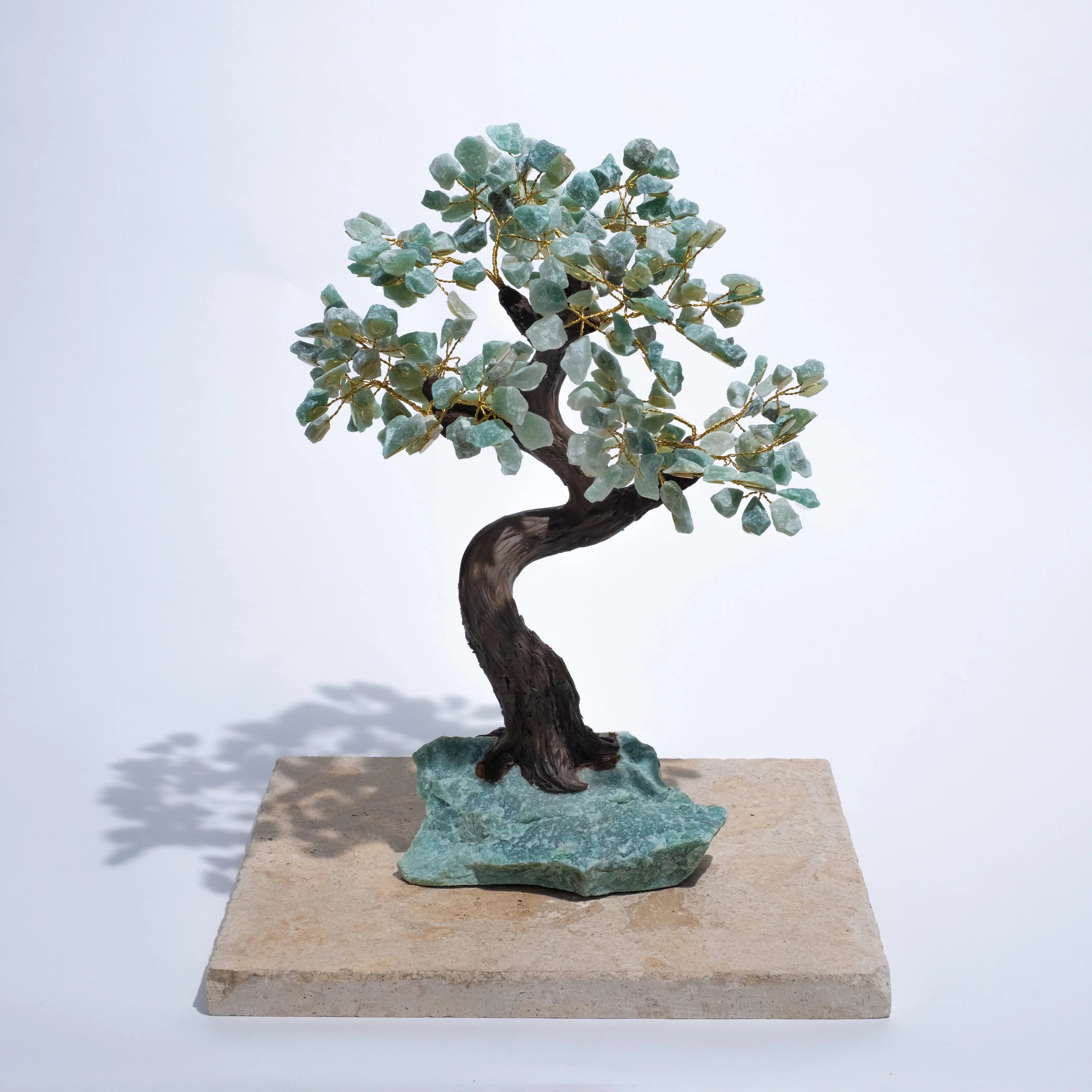 Rough Aventurine Crystal Bonsai Tree on stone base, symbolizes prosperity and positive energy, 45 cm handcrafted decor piece.