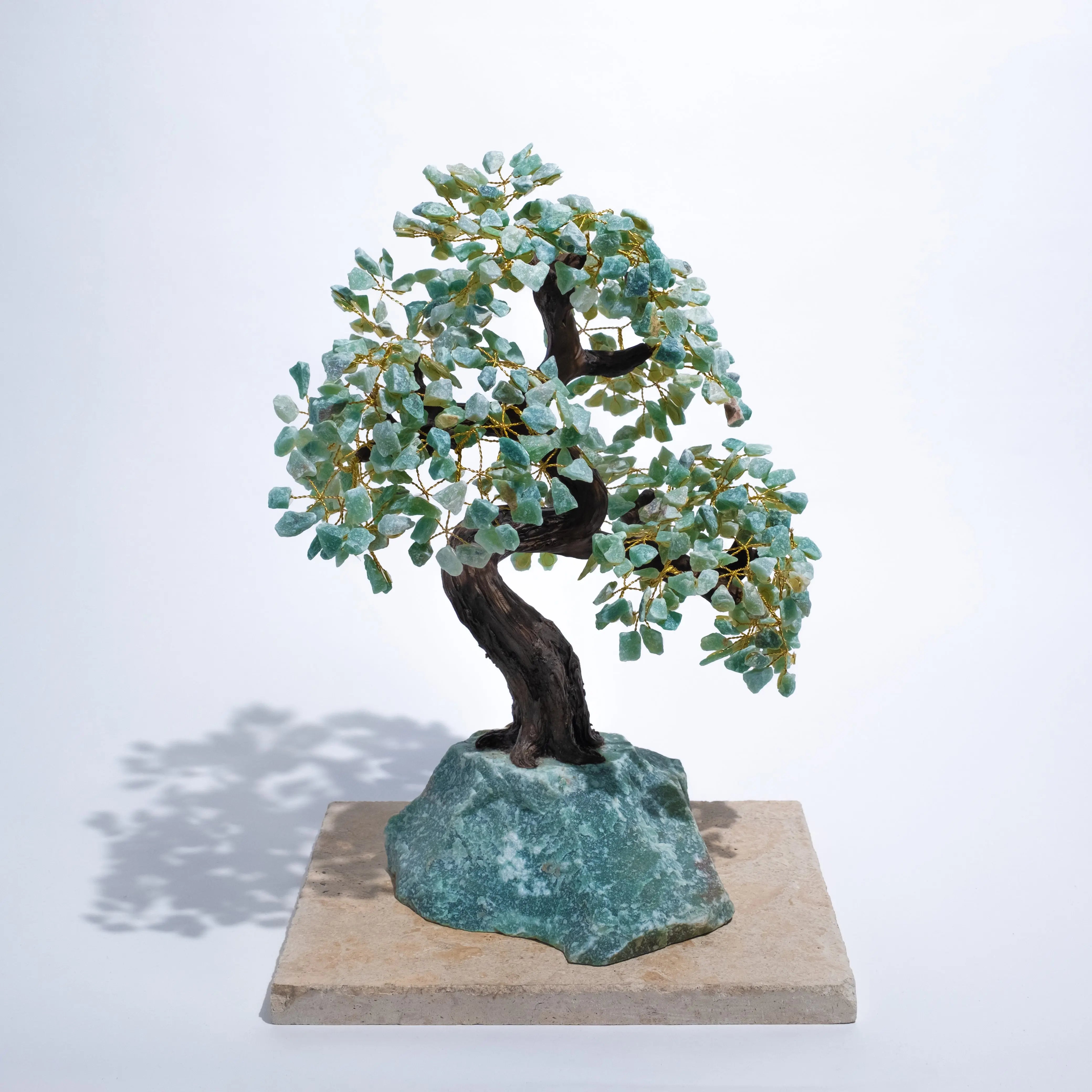 Rough Aventurine Crystal Bonsai Tree on stone base, 45 cm tall, symbolizing prosperity, harmony, and positive energy for any space.