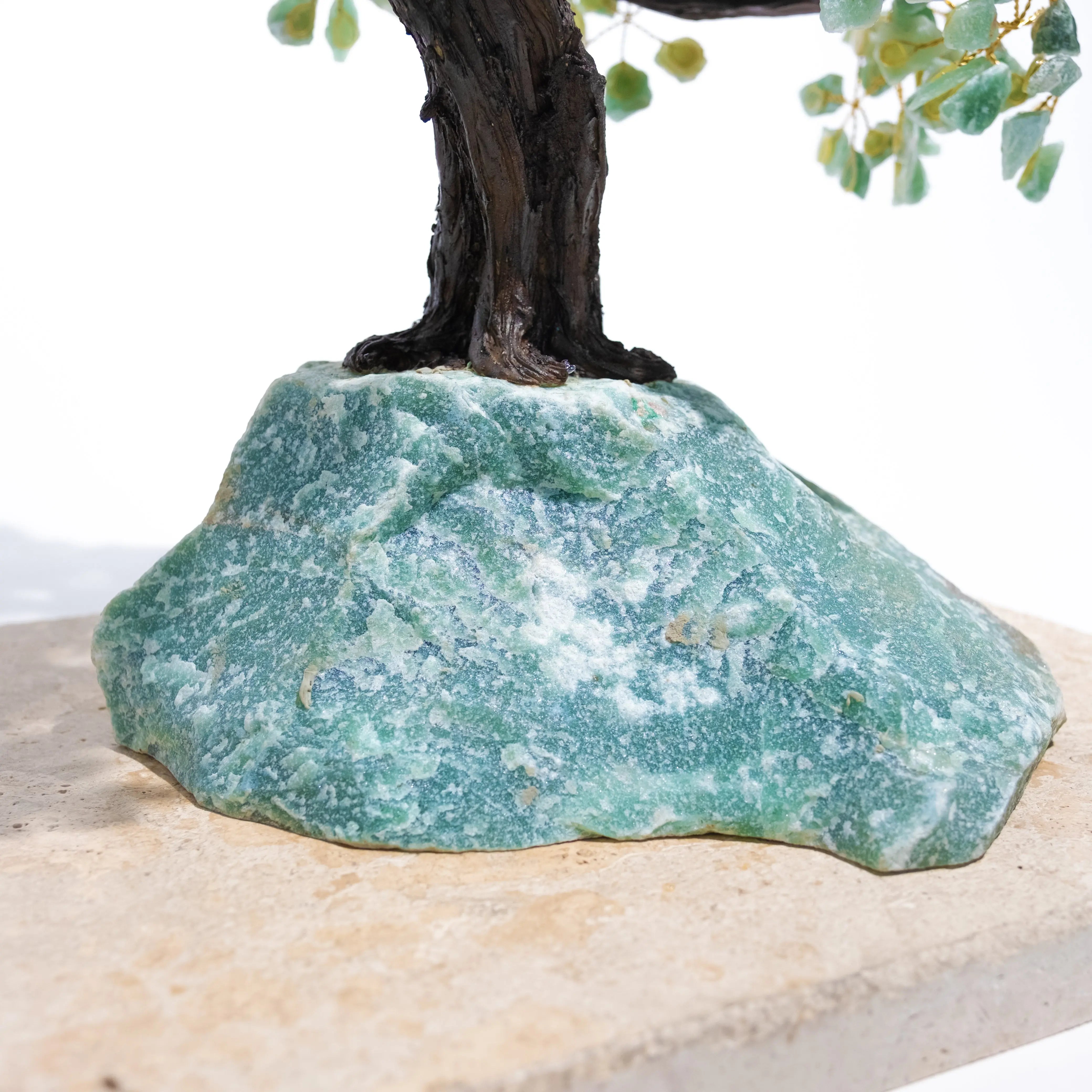 Close-up of the base of a Rough Aventurine Crystal Bonsai Tree, showcasing green aventurine stone and handcrafted detailing.
