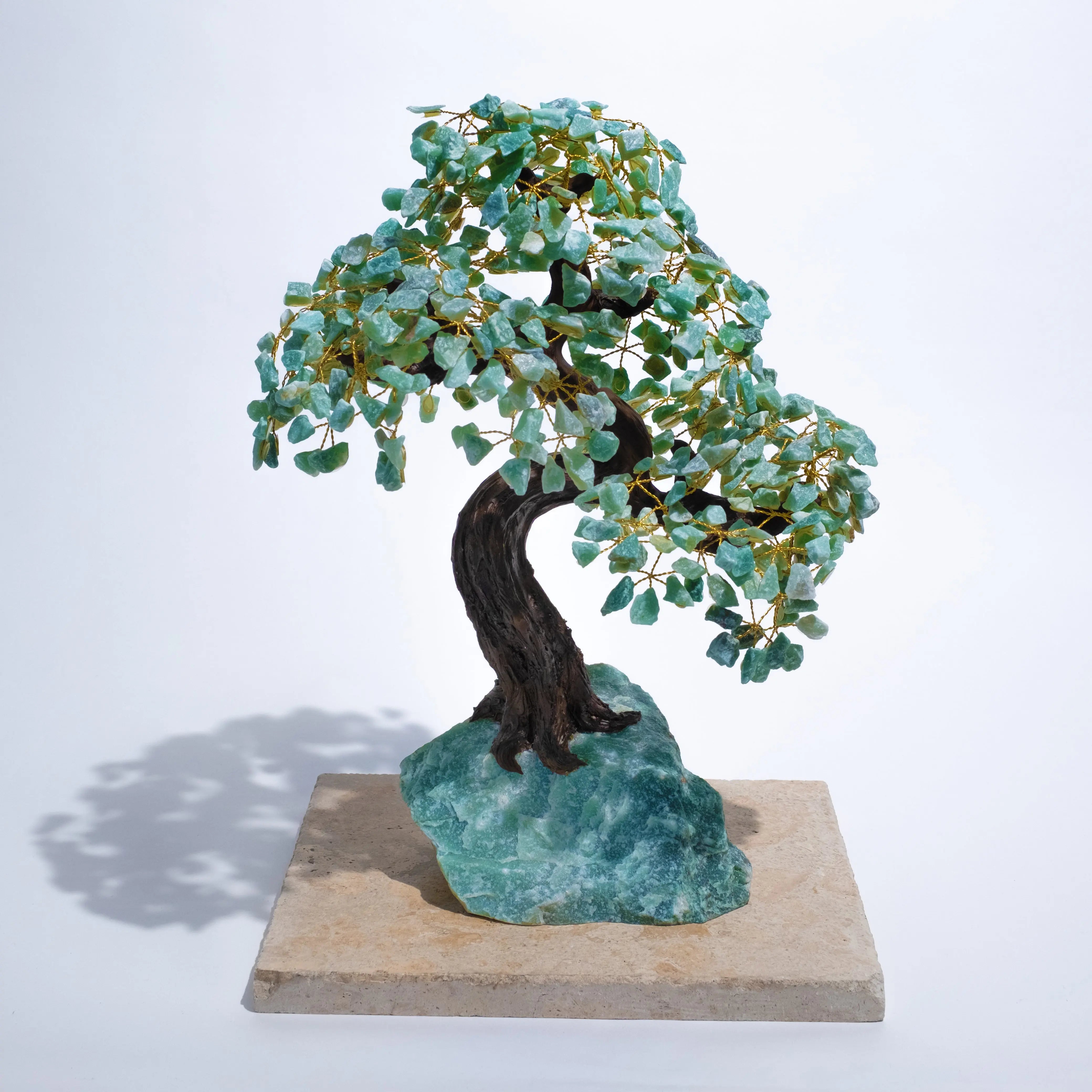 Rough Aventurine Bonsai Tree 55 cm for prosperity, harmony, and positive energy, handcrafted with green crystals on a stone base.