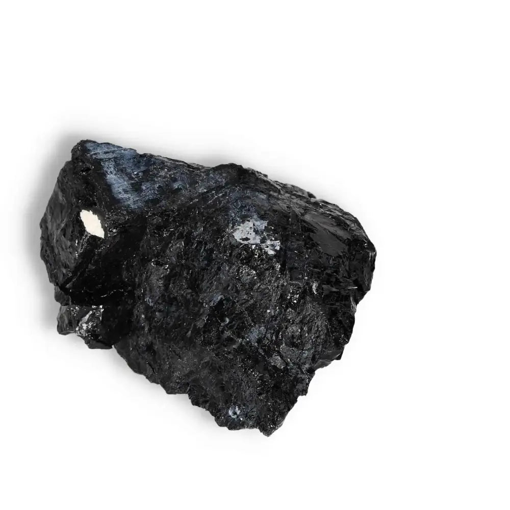 Rough Black Tourmaline Druze L crystal by Sylvia Crystals, showcasing its deep black hues and energy purification properties.