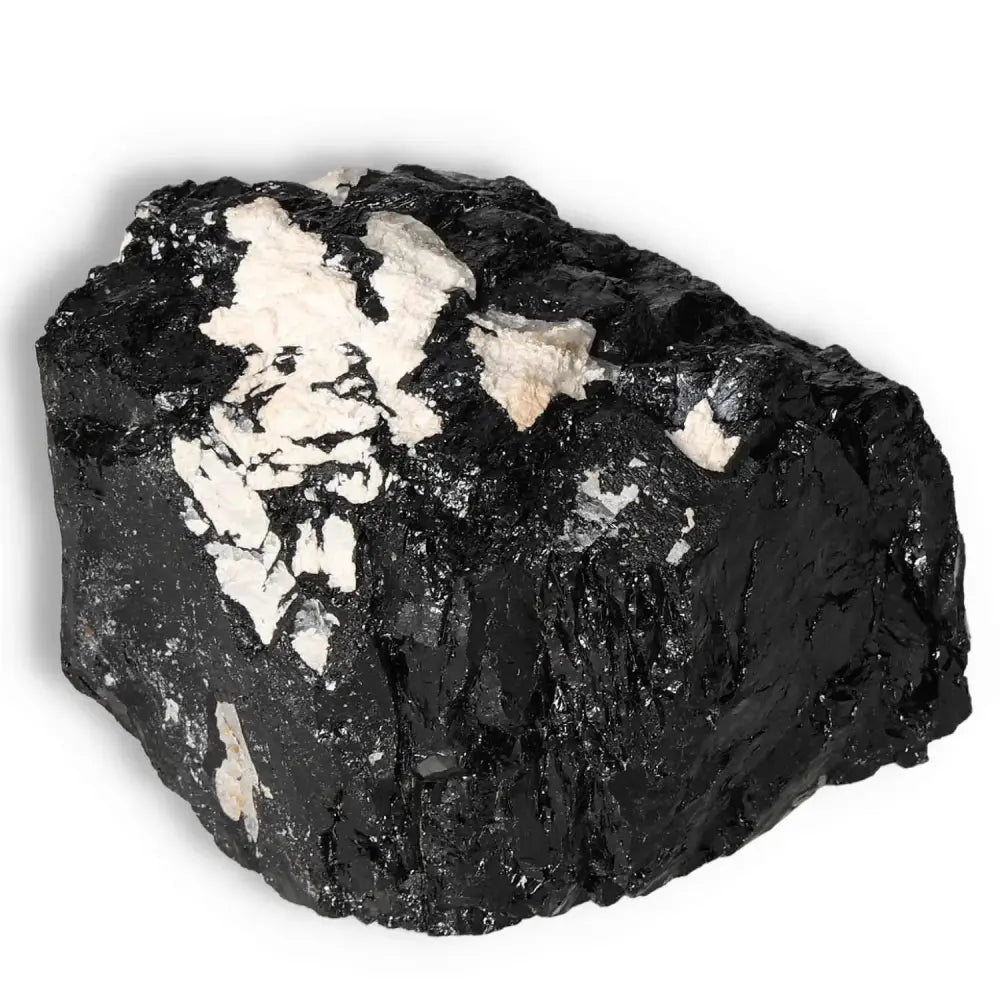 Rough Black Tourmaline Druze crystal with striking textures, ideal for energy cleansing and grounding by Sylvia Crystals.