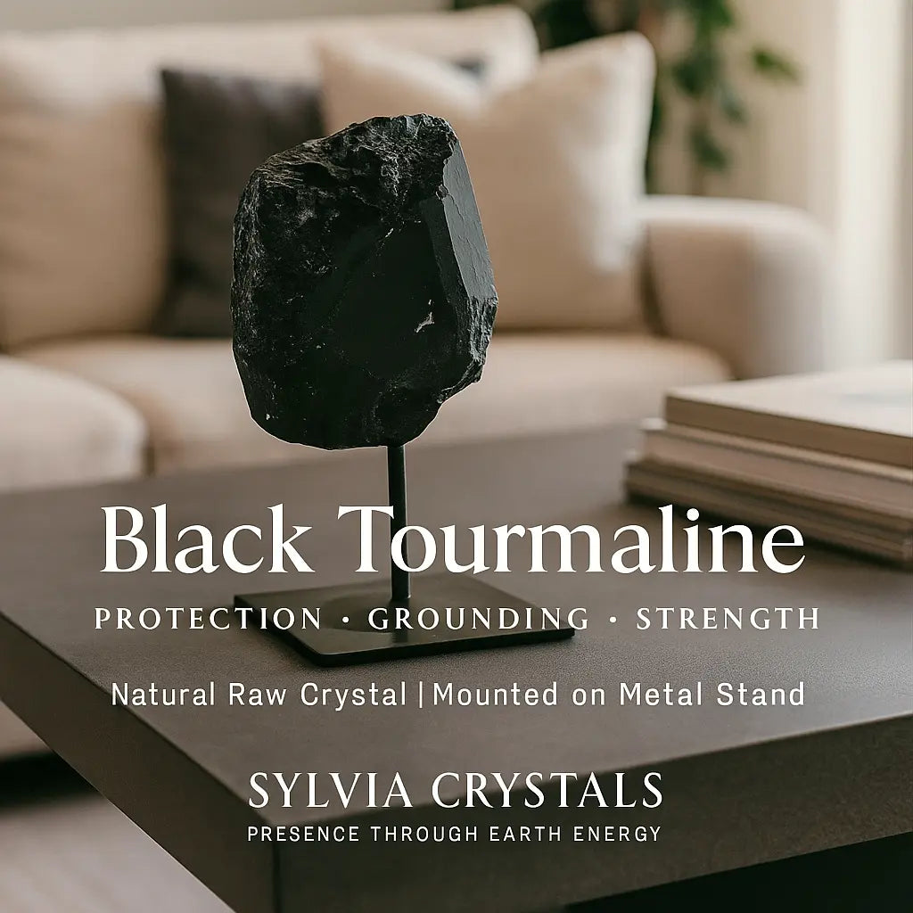 Rough Black Tourmaline with Metal Stand L Sylvia Crystals Sp. z o.o.