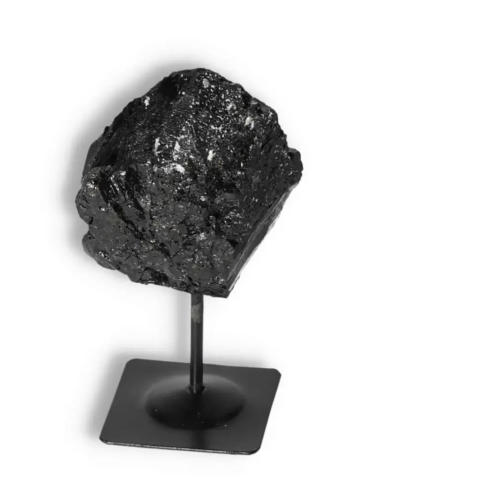 Rough Black Tourmaline with Metal Stand M - luxury crystal for cleansing and spiritual grounding by Sylvia Crystals.