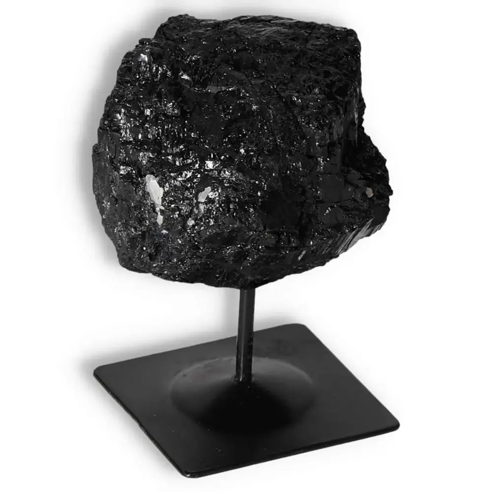 Rough Black Tourmaline on Metal Stand, premium crystal from Sylvia Crystals, ideal for energy cleansing and emotional healing.