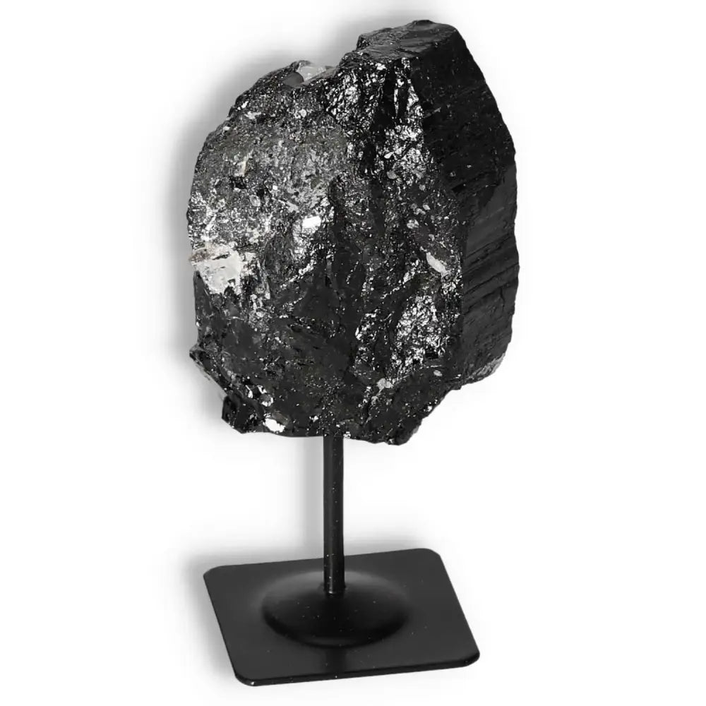 Rough Black Tourmaline Crystal on Metal Stand, Premium Quality for Energy Purification by Sylvia Crystals.