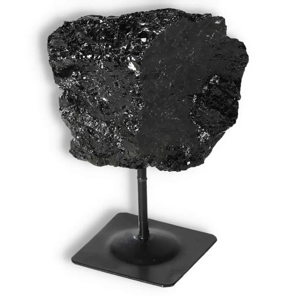 Rough Black Tourmaline with Metal Stand M from Sylvia Crystals, premium handpicked crystal for cleansing negative energies.