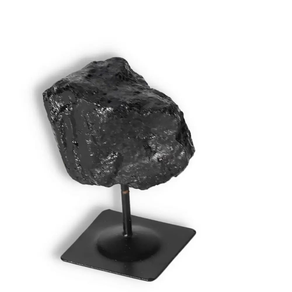 Rough Black Tourmaline with Metal Stand S, renowned for energy transformation, exclusive from Sylvia Crystals, premium quality gem.
