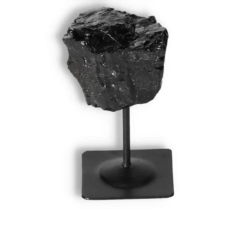 Rough Black Tourmaline on Metal Stand S, premium crystal for cleansing negative energy, by Sylvia Crystals.