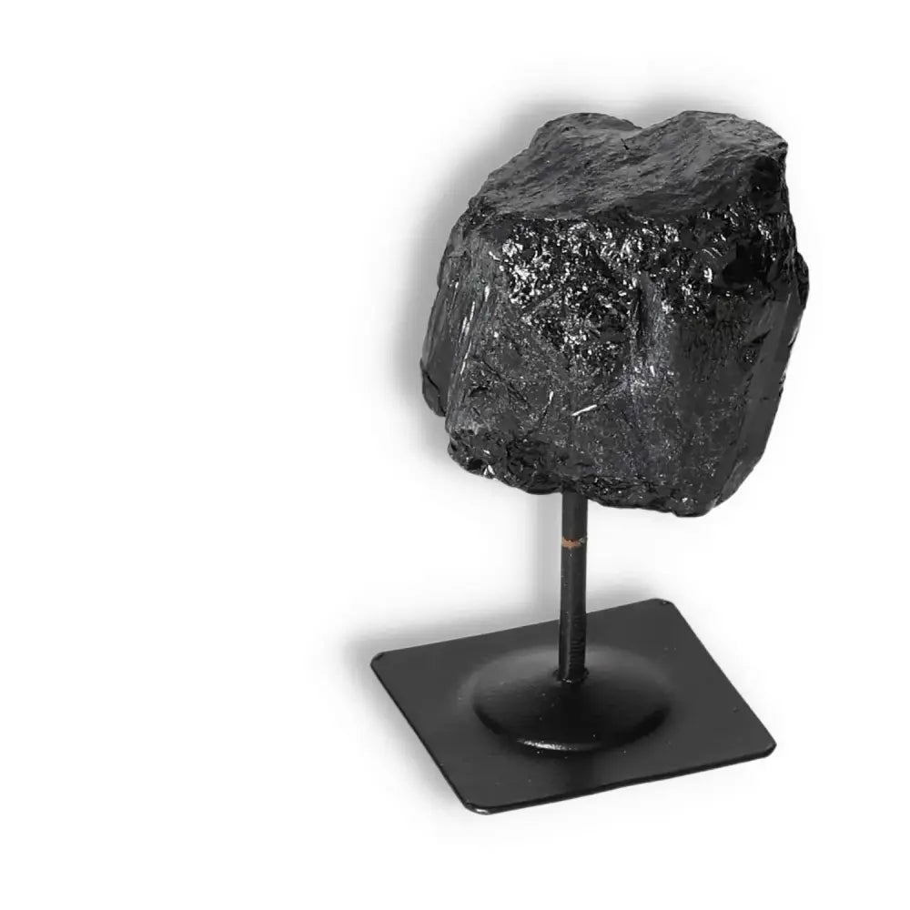 Rough Black Tourmaline on Metal Stand S, Sylvia Crystals' premium protective stone against electromagnetic radiation.