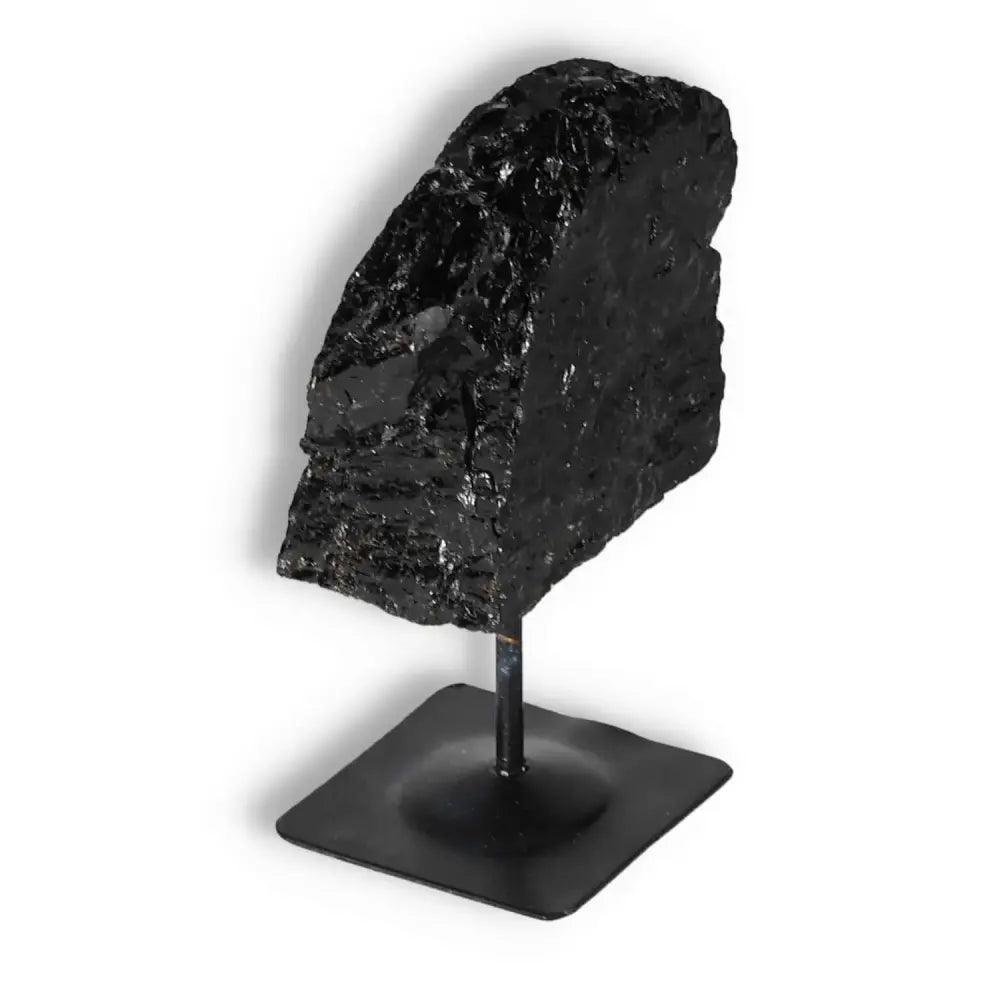 Rough Black Tourmaline with Metal Stand S, handpicked crystal for negative energy cleansing and wellness, Sylvia Crystals.