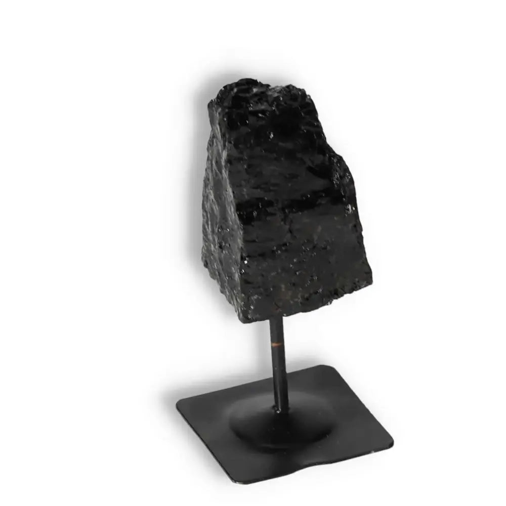 Rough Black Tourmaline with Metal Stand S, premium crystal by Sylvia Crystals for energy cleansing and wellness.