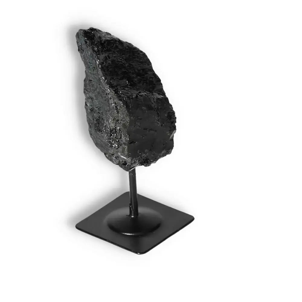 Rough Black Tourmaline on Metal Stand S by Sylvia Crystals for energy cleansing and spiritual enhancement.
