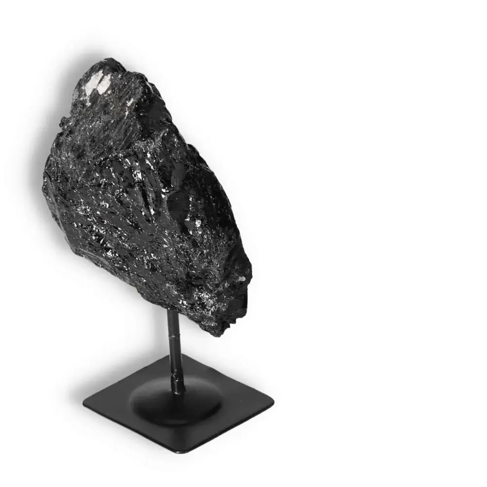 Rough Black Tourmaline on Metal Stand S by Sylvia Crystals for energy cleansing and mental stability.