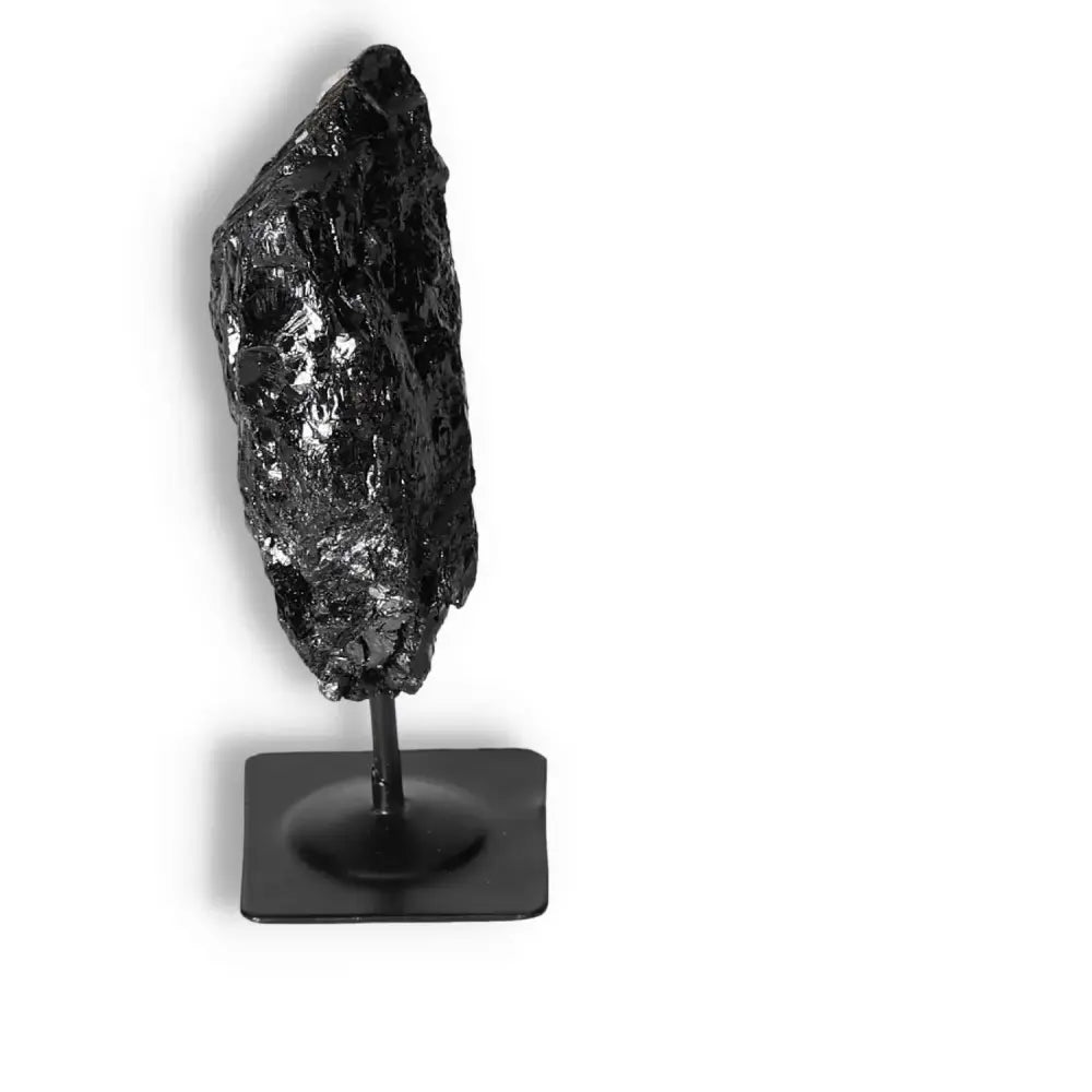 Rough Black Tourmaline with Metal Stand S, elegant decor and energy cleanser by Sylvia Crystals, neutralizes negative energy.