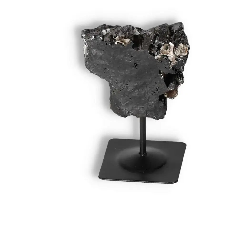 Rough Black Tourmaline with Metal Stand S for spiritual balance and energy cleansing by Sylvia Crystals.