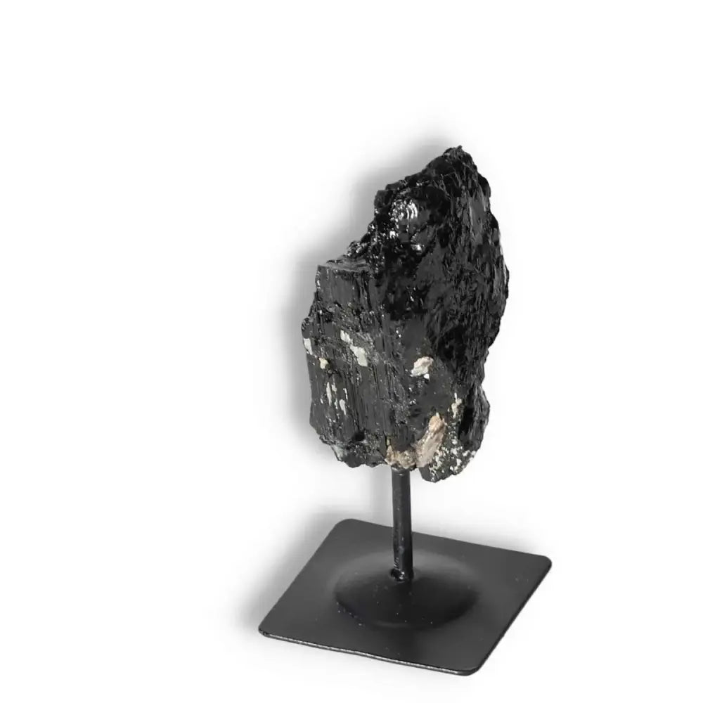 Premium Rough Black Tourmaline with Metal Stand S, ideal for energy cleansing, curated by Sylvia Crystals.