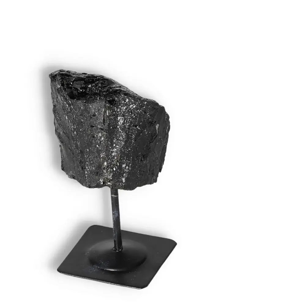 Rough Black Tourmaline on Metal Stand S from Sylvia Crystals, known for cleansing energy and premium quality.