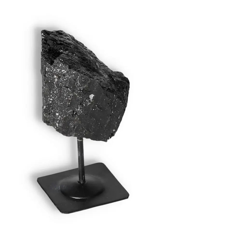 Rough Black Tourmaline with Metal Stand S by Sylvia Crystals, ideal for energy cleansing and grounding, high-quality and authentic piece.