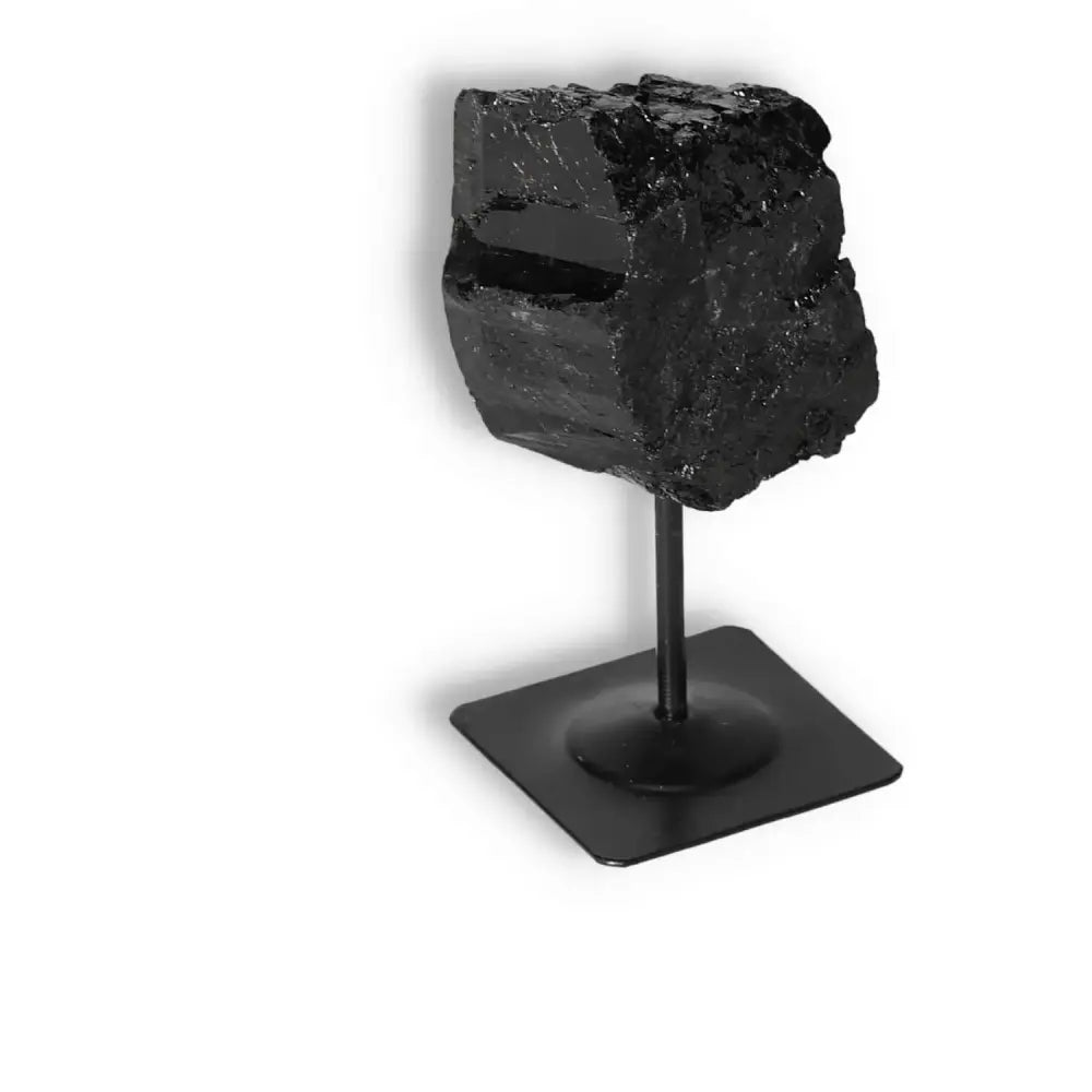 Rough Black Tourmaline with Metal Stand S, premium crystal by Sylvia Crystals for spiritual healing and negative energy cleansing.