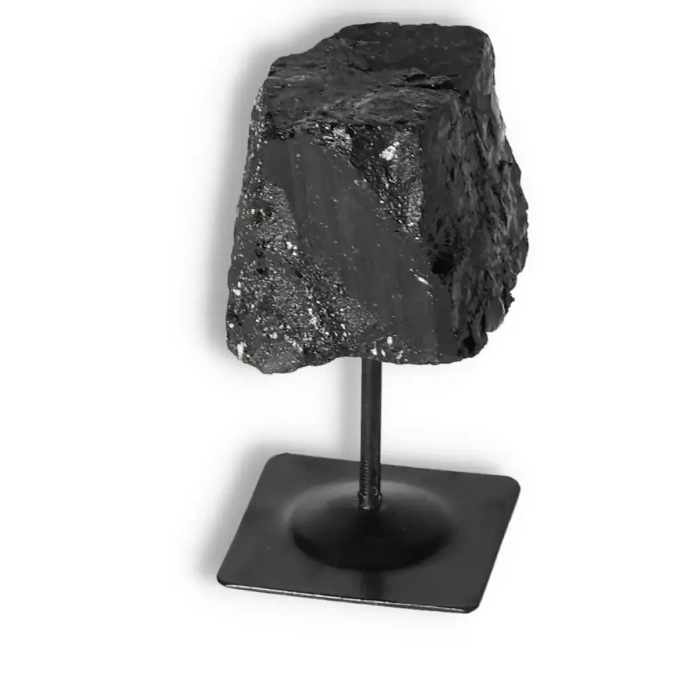 Rough Black Tourmaline with Metal Stand S, premium crystal by Sylvia Crystals for energy cleansing and emotional healing.