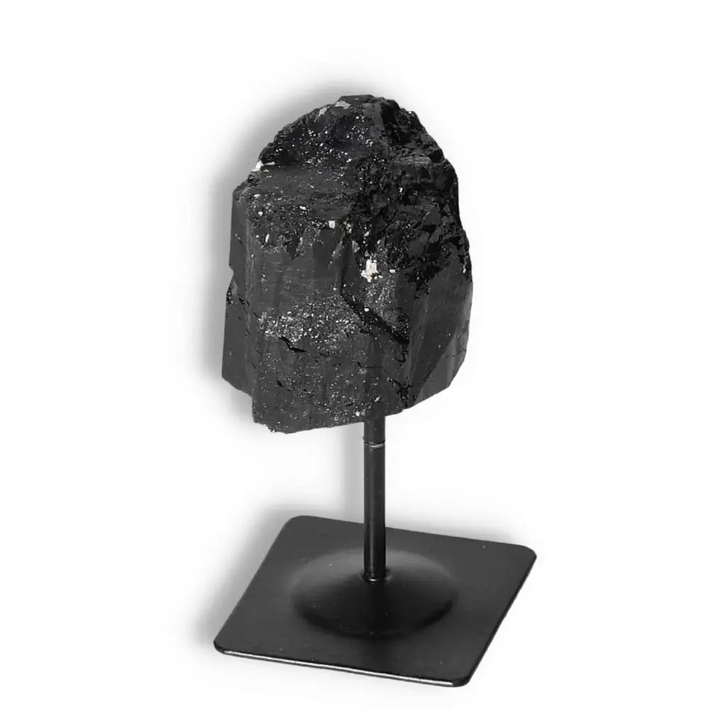 Rough Black Tourmaline with Metal Stand S, premium crystal for cleansing and harmony, from Sylvia Crystals.