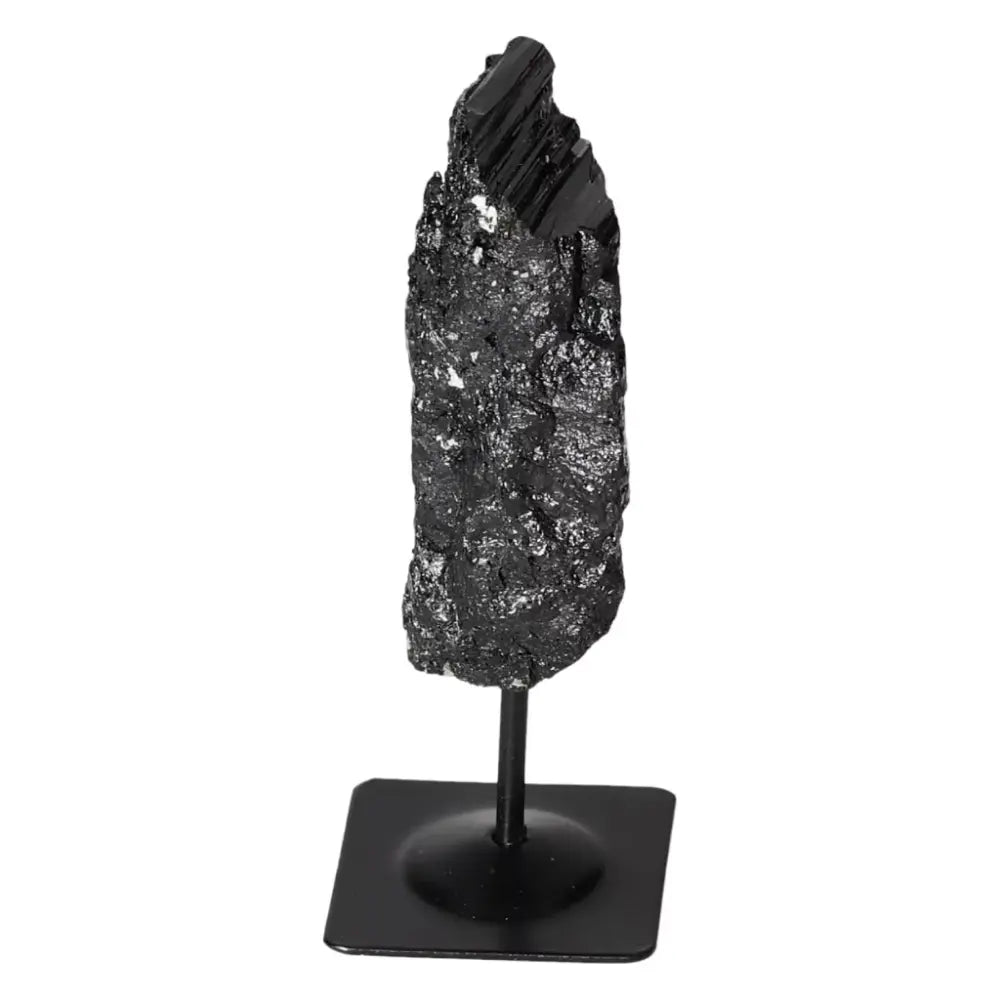 Exquisite Rough Black Tourmaline on Metal Stand S by Sylvia Crystals, known for energy cleansing and negative energy transformation.