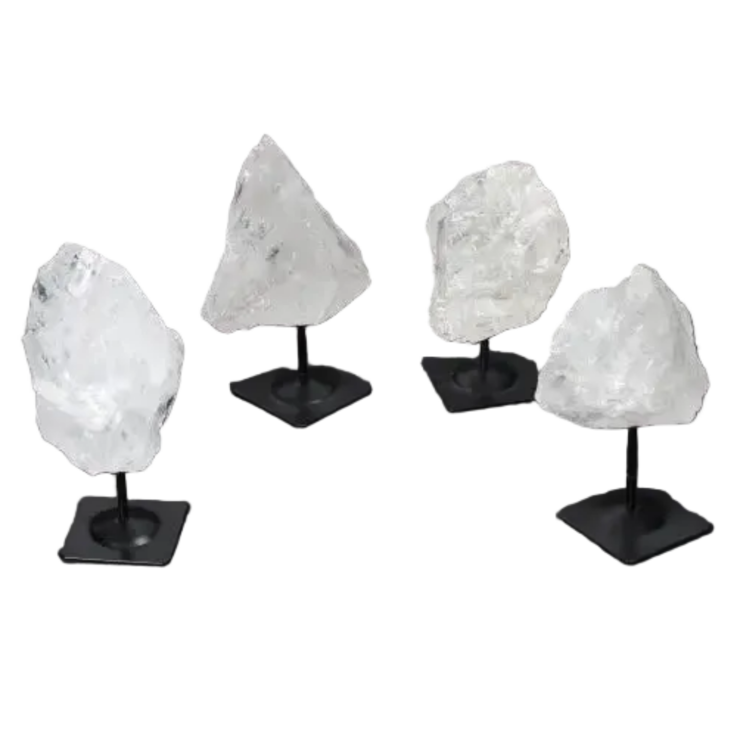 Rough Clear Quartz stones on metal stands for purification and energy harmonization, ideal for absorbing negative vibrations and EMFs.