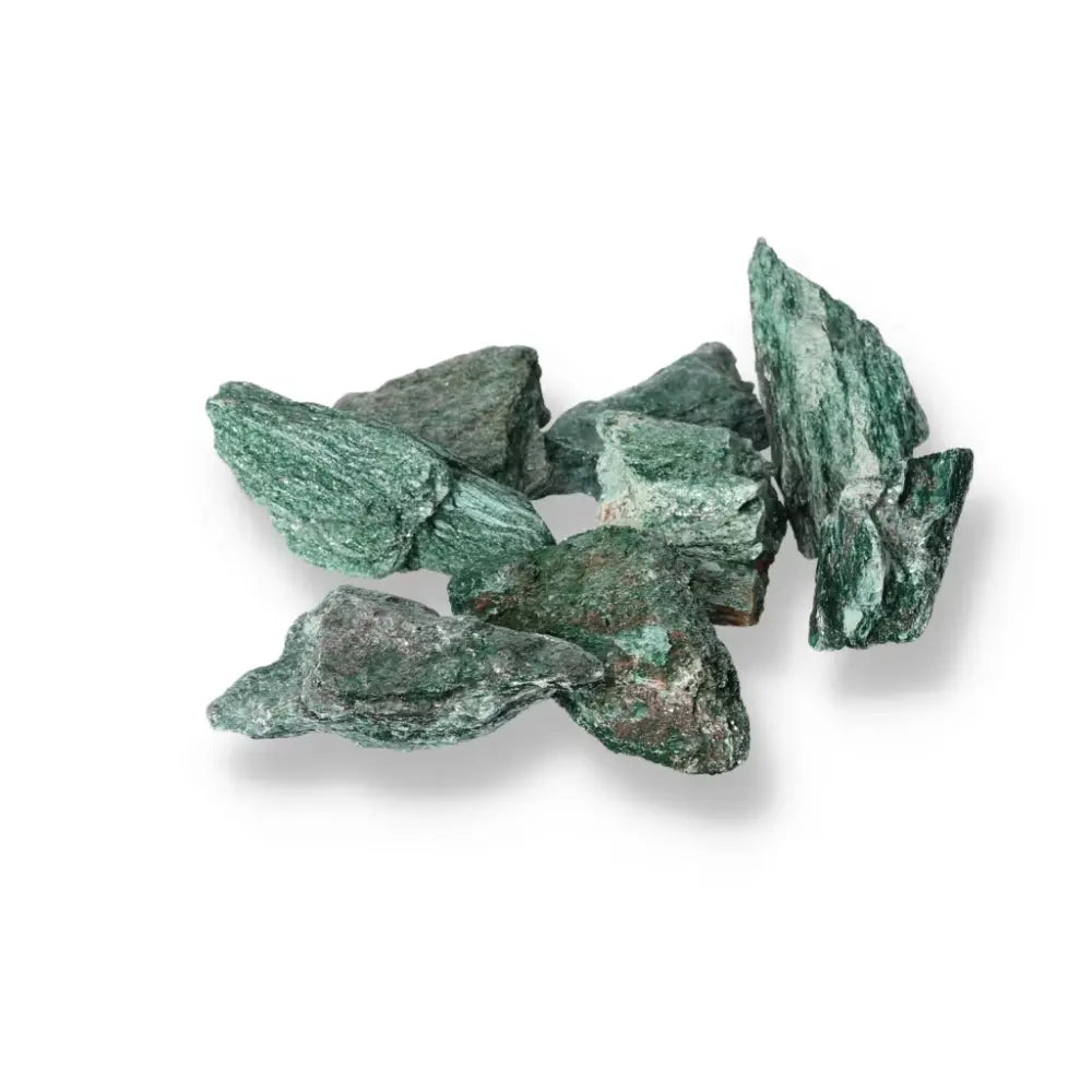 Premium Rough Fuchsite stones, vivid green muscovite mica, 1 kg, from Sylvia Crystals, known for heart-centered healing properties.