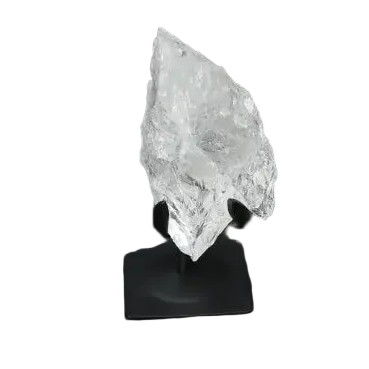 Rough Lemurian Quartz on metal stand, premium crystal by Sylvia Crystals, known for purification and mindfulness benefits.