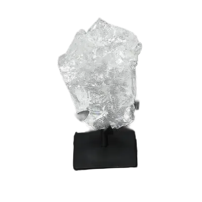 Rough Lemurian Quartz on elegant metal stand showcasing natural clarity and purity, premium product from Sylvia Crystals.