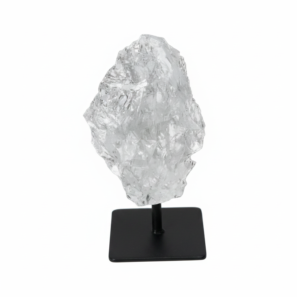 Rough Lemurian Quartz on metal stand, a premium Sylvia Crystals' product, harmonizes and balances energy, perfect for body and mind purification.