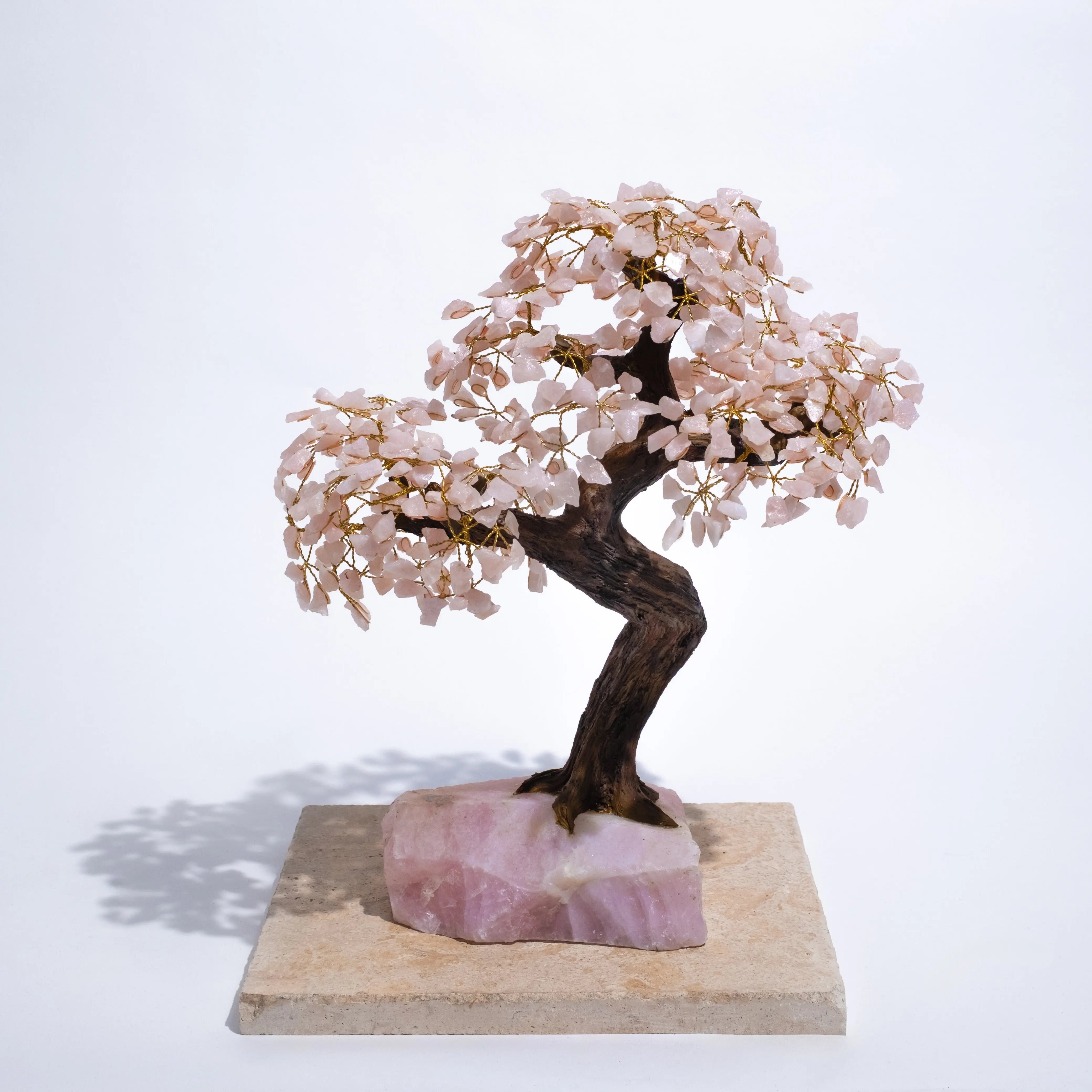 Quartz crystal bonsai tree with wire branches on stone base, 55 cm tall, decorative piece for home décor and positive energy.