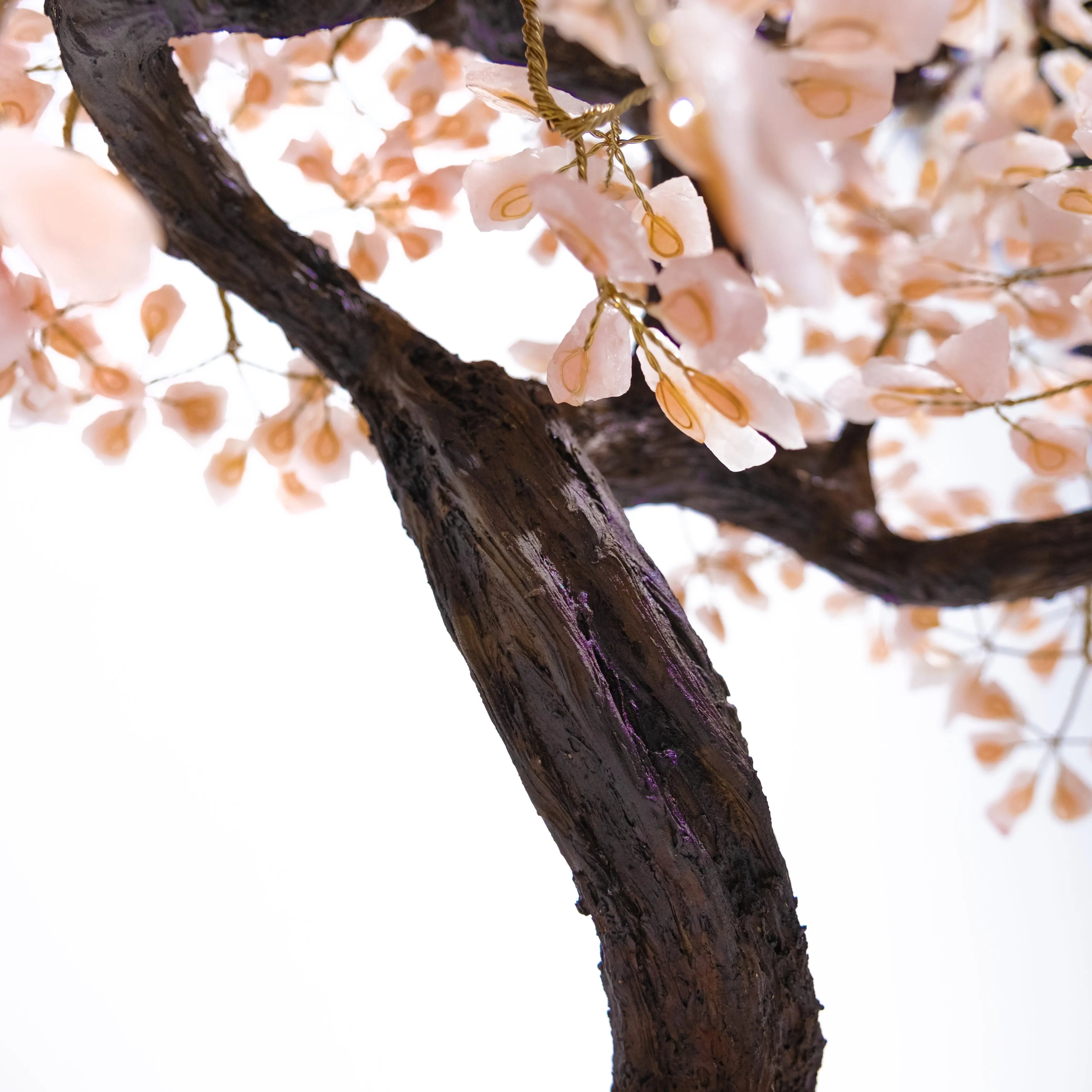 Close-up of 65cm Rough Quartz Bonsai Tree with handcrafted wire branches and pink stone leaves for home décor and energy balance.