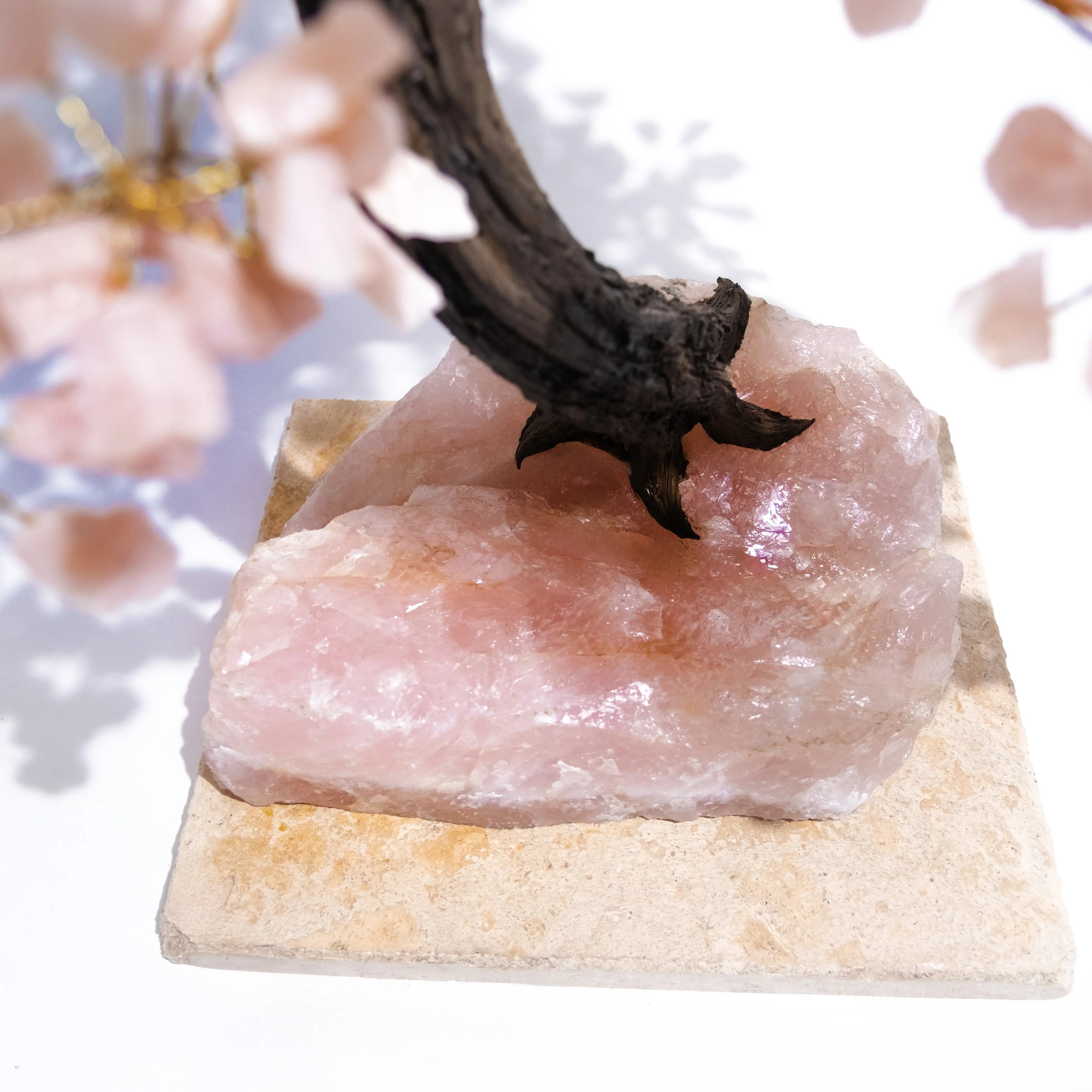 Rough Quartz Tree with pink crystal base and handcrafted wire bonsai, 65cm, enhancing home décor with natural beauty and positive energy.