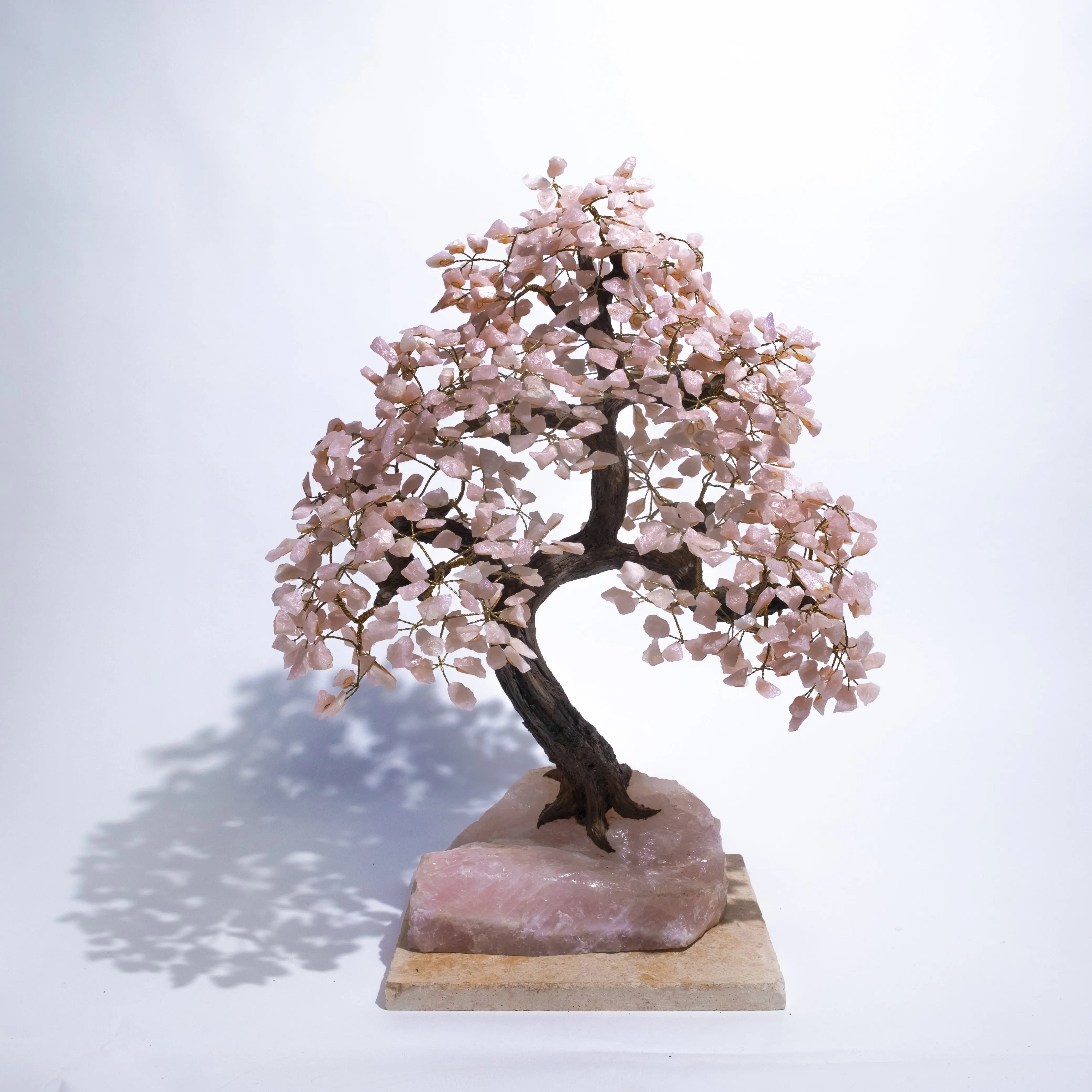 Rough Quartz Tree 65cm with pink quartz crystal leaves, handmade wire bonsai on stone base, enhancing home décor and positive energy.