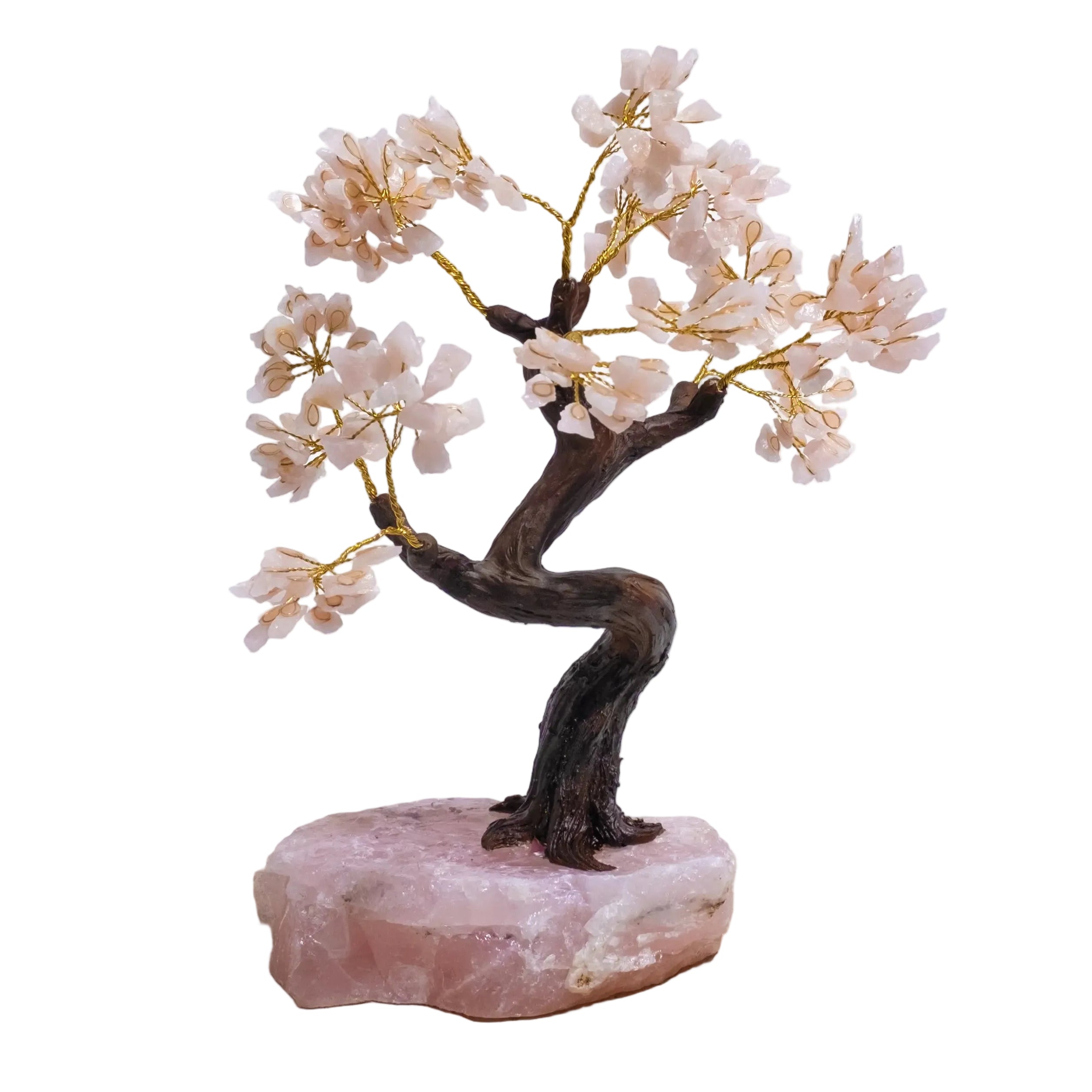 Rough Rose Quartz Tree 45cm with delicate pink crystals, symbolizing love and emotional healing, beautifully displayed on a stone base.