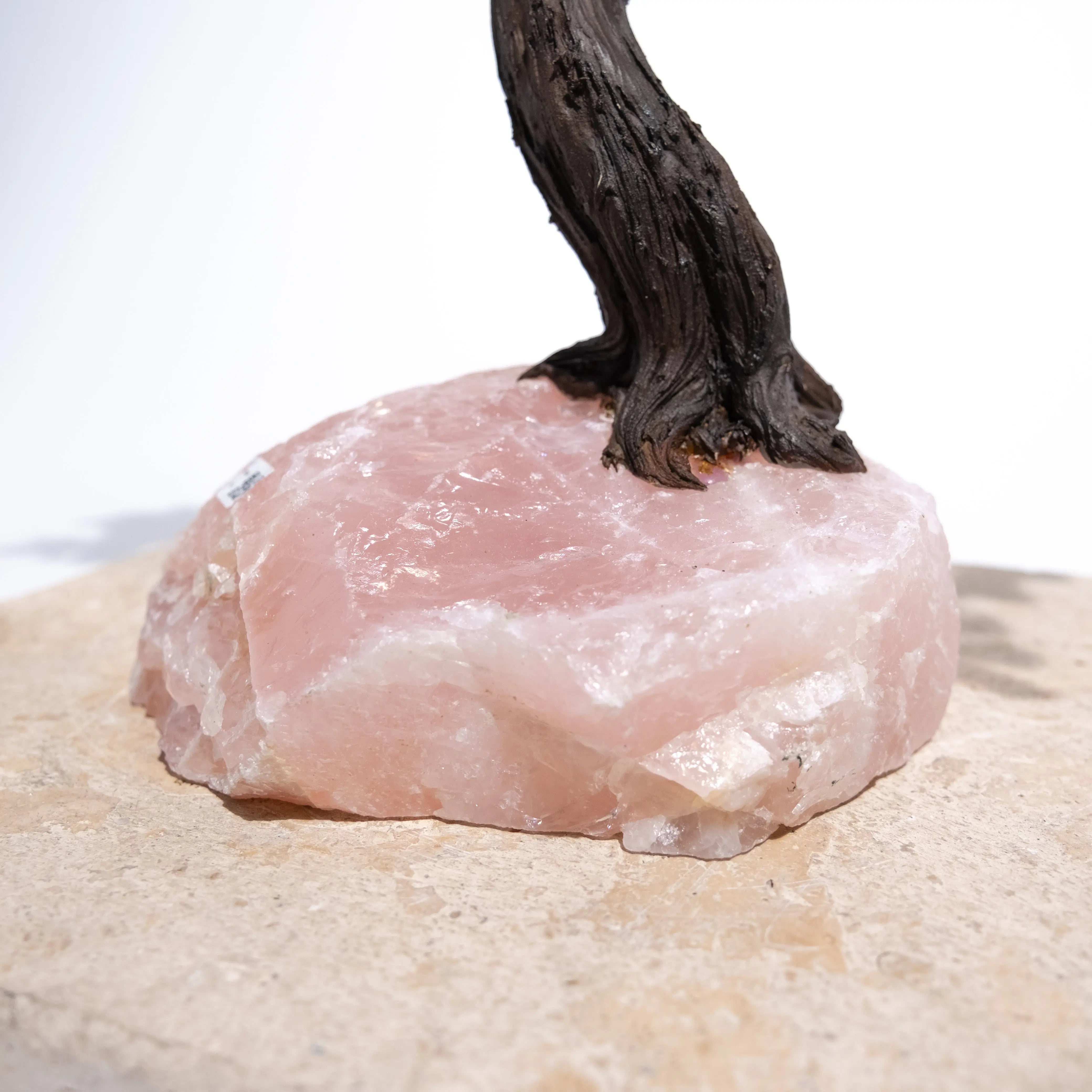 Close-up of a Rough Rose Quartz Tree base, featuring a natural pink stone with a rustic brown stem, symbolizing love and healing.