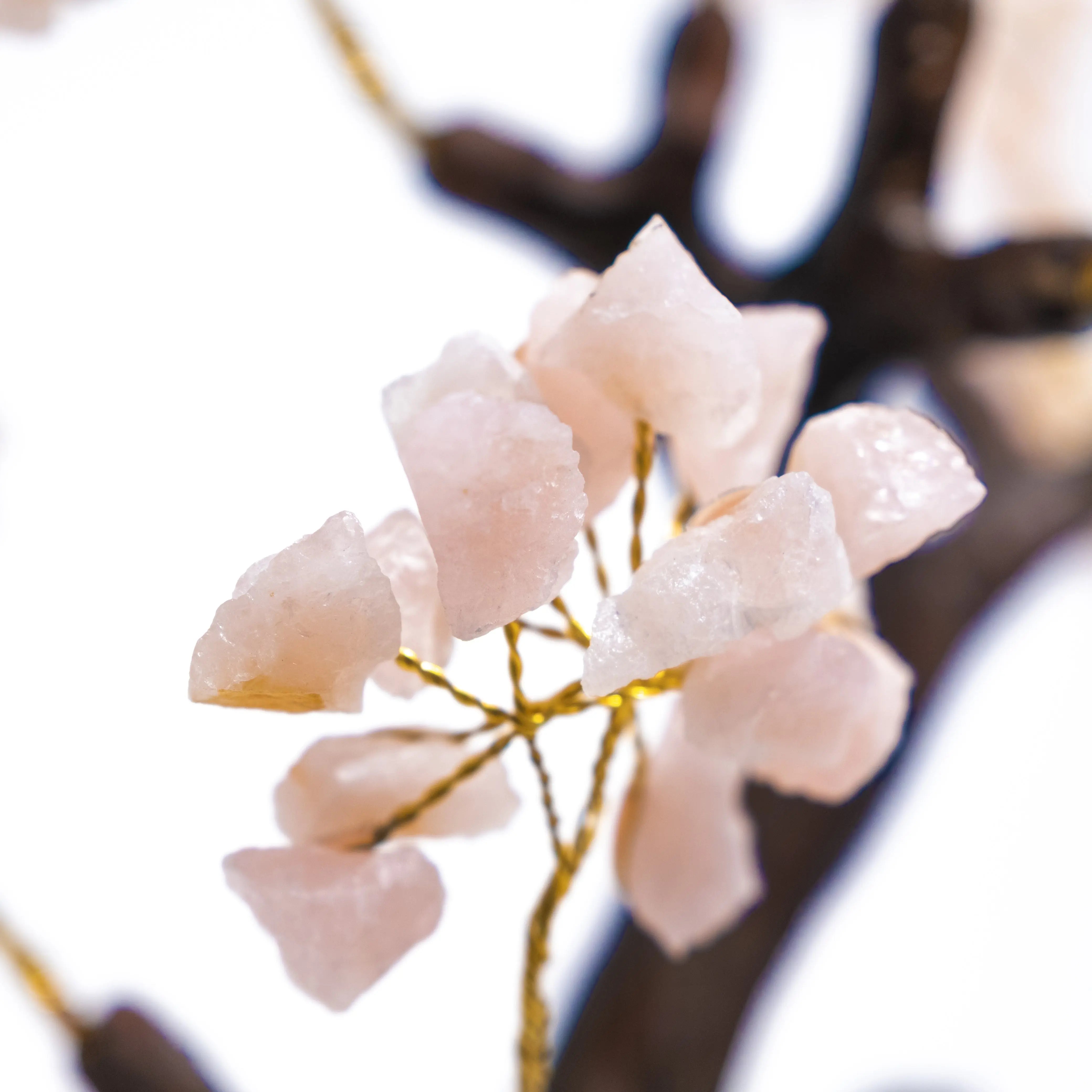 Close-up of a Rough Rose Quartz Tree, showcasing delicate crystals on branches, symbolizing love and emotional healing.