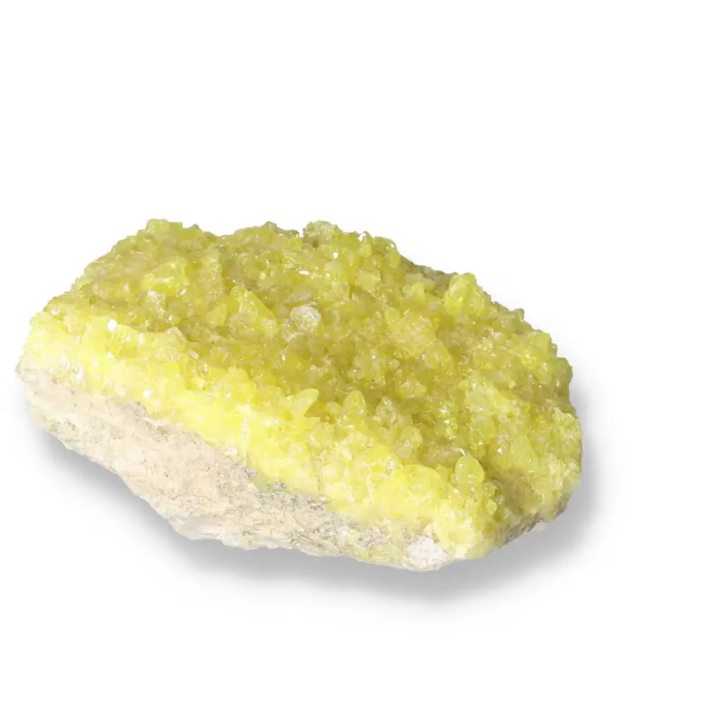 Rough Sulphur Druze crystal with vibrant yellow hue from Sylvia Crystals, showcasing natural beauty and premium quality.