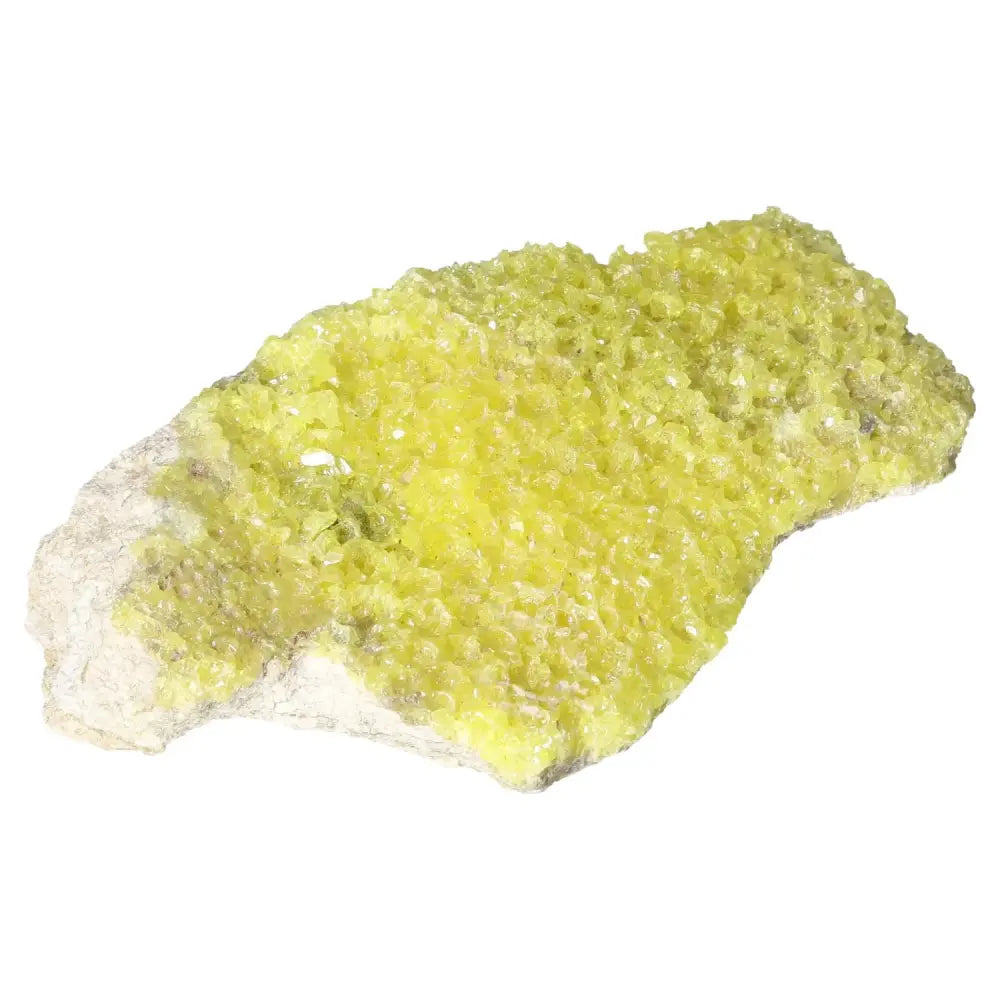 Rough Sulphur Druze mineral with vivid yellow hue and intricate crystal formations by Sylvia Crystals.