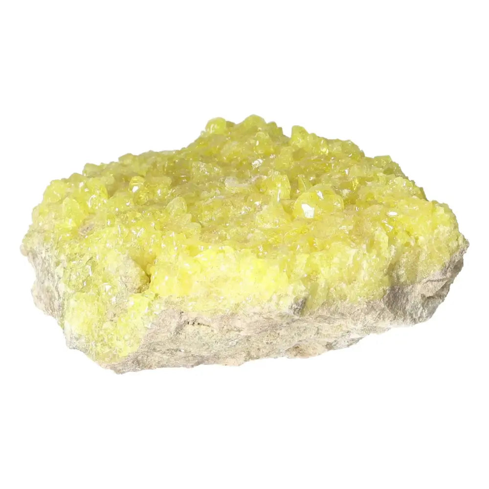 Rough Sulphur Druze crystal, showcasing vibrant yellow crystals on a natural stone base. A luxury mineral from Sylvia Crystals.