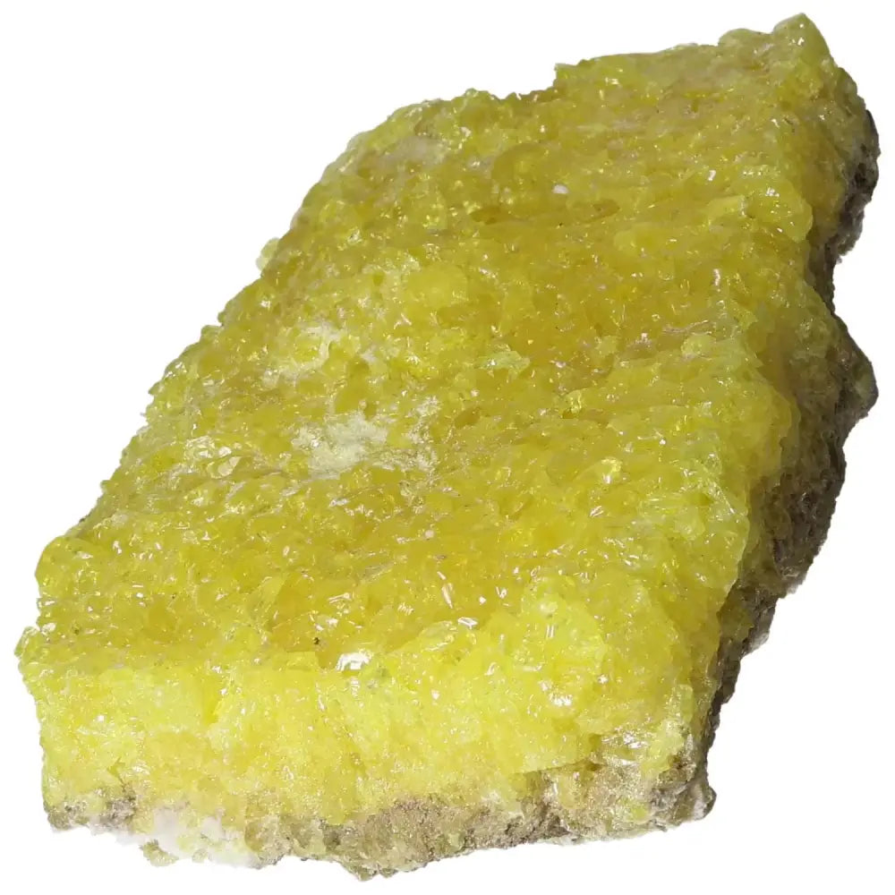 Vibrant yellow Rough Sulphur Druze gemstone from Sylvia Crystals, showcasing intricate formations and natural textures.