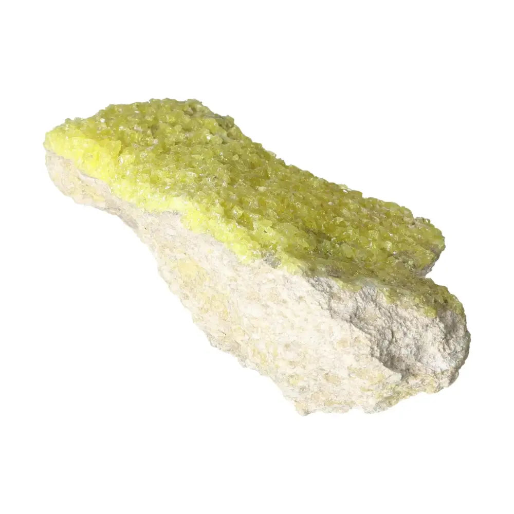 Rough Sulphur Druze from Sylvia Crystals, showcasing vibrant yellow hue and intricate crystalline formations on a white base.