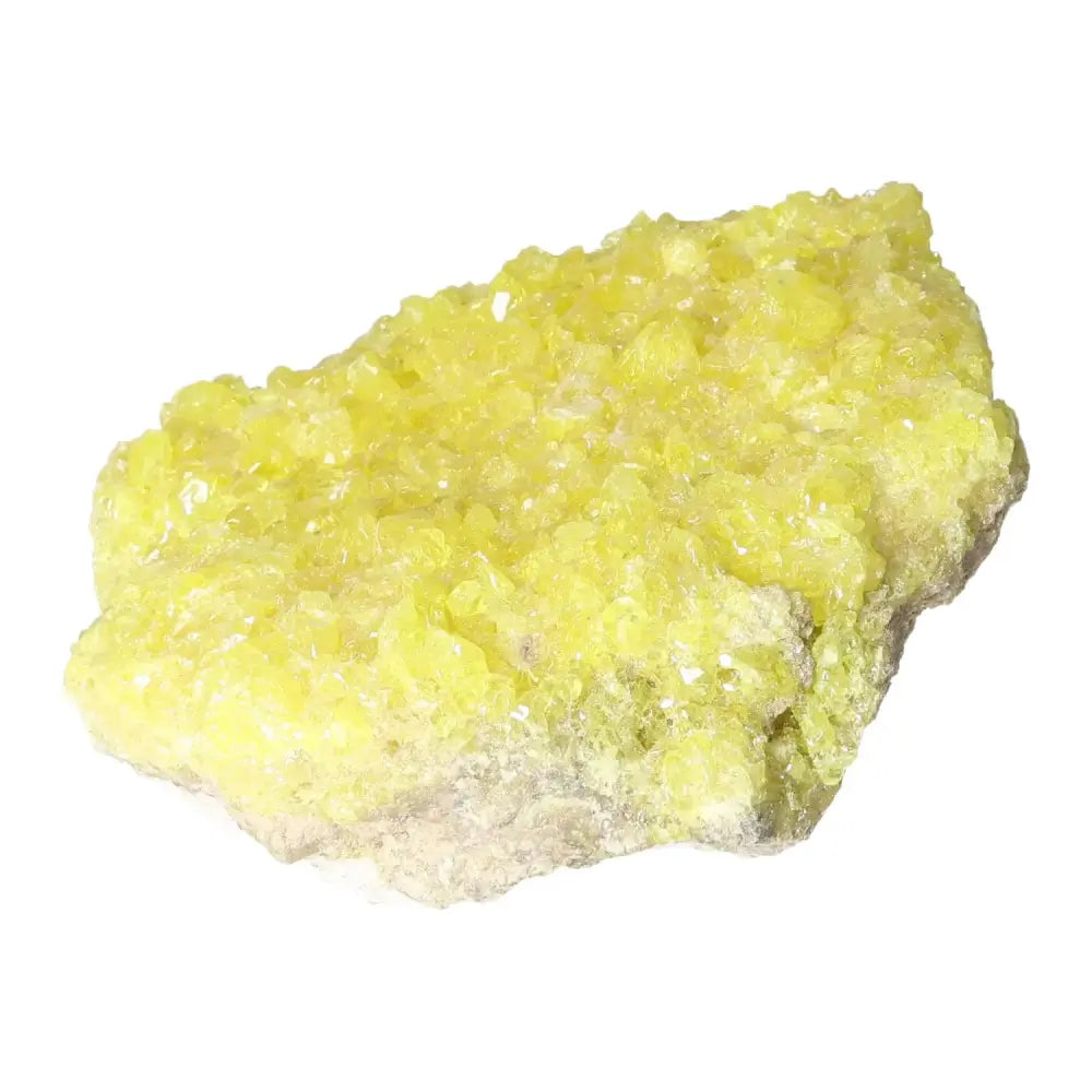 Bright yellow Rough Sulphur Druze crystal from Sylvia Crystals, showcasing natural beauty and vibrant energy.