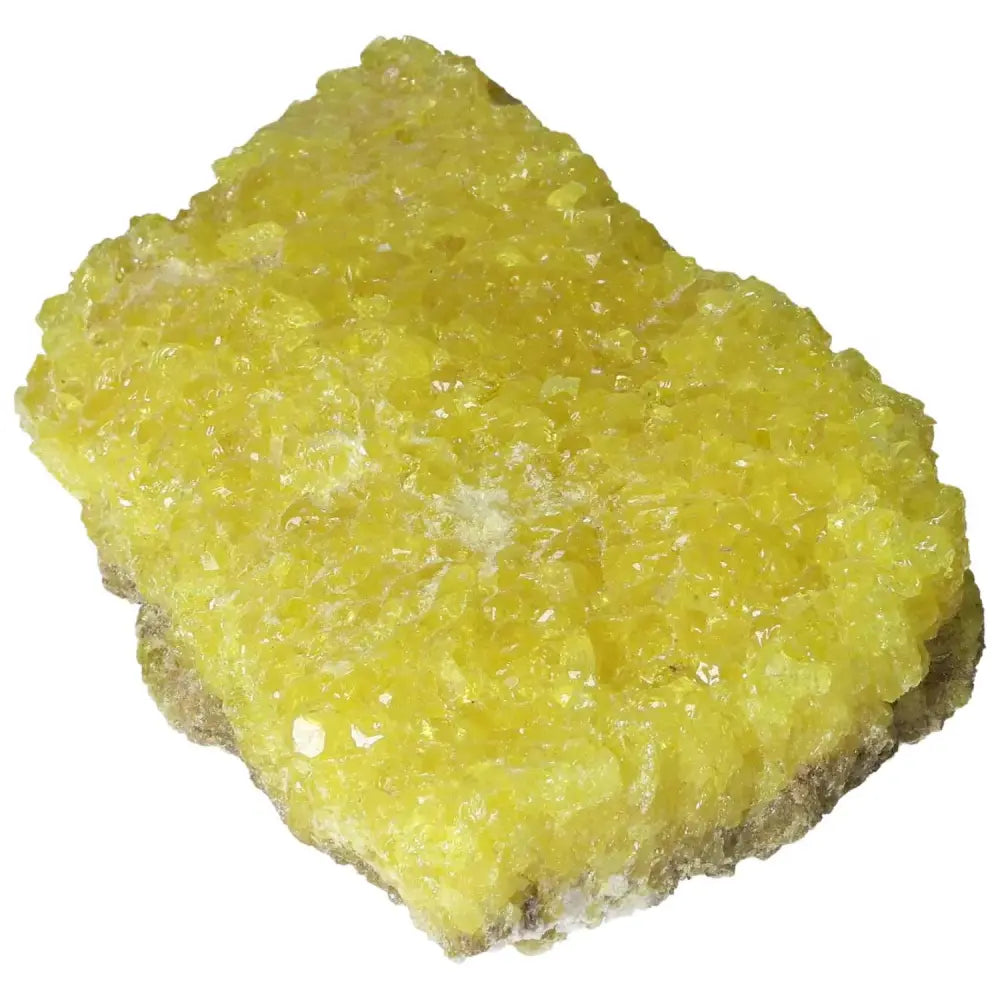Rough Sulphur Druze with vibrant yellow crystals from Sylvia Crystals, featuring intricate formations and natural textures.