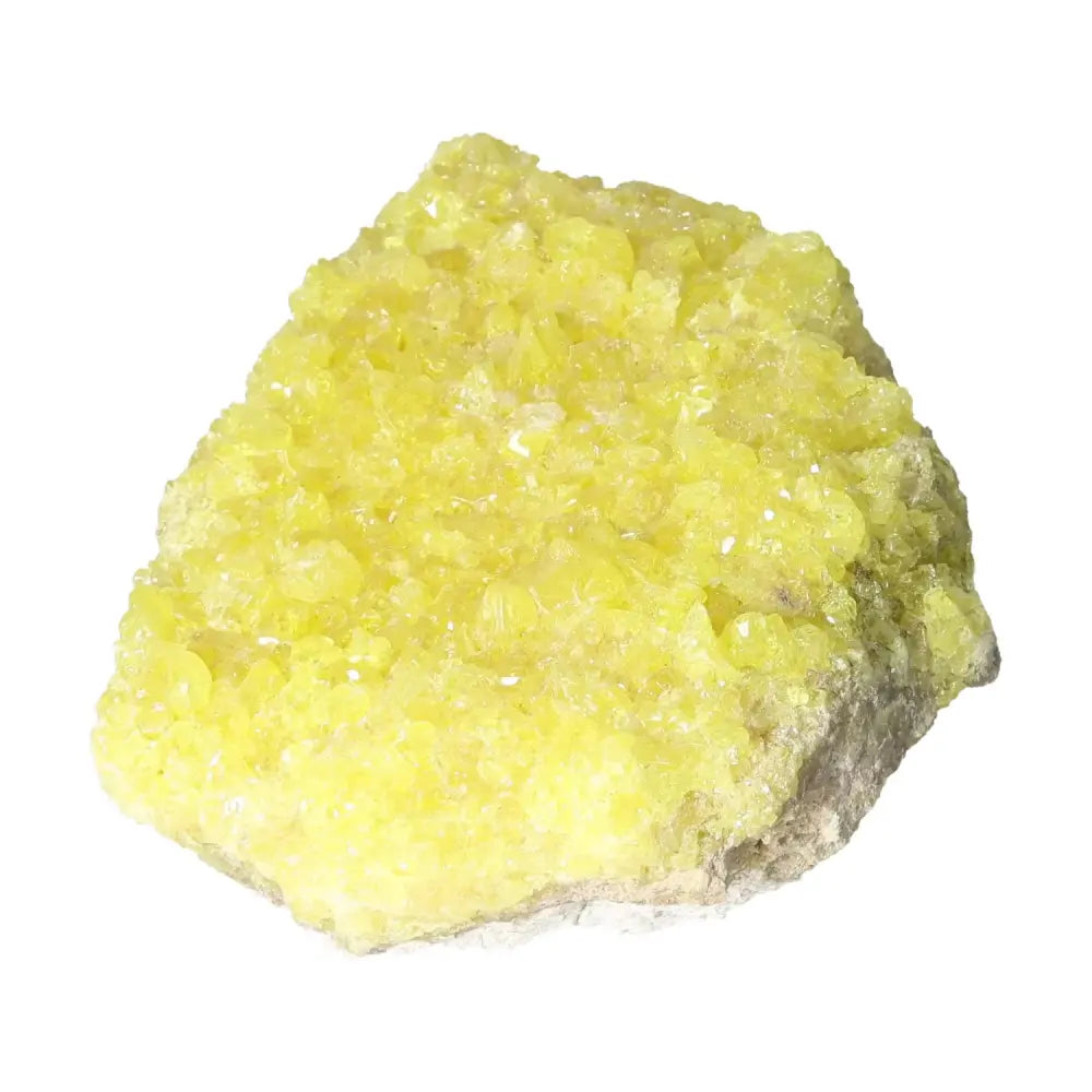 Bright yellow Rough Sulphur Druze crystal from Sylvia Crystals, showcasing natural beauty and vibrant energy, premium quality.