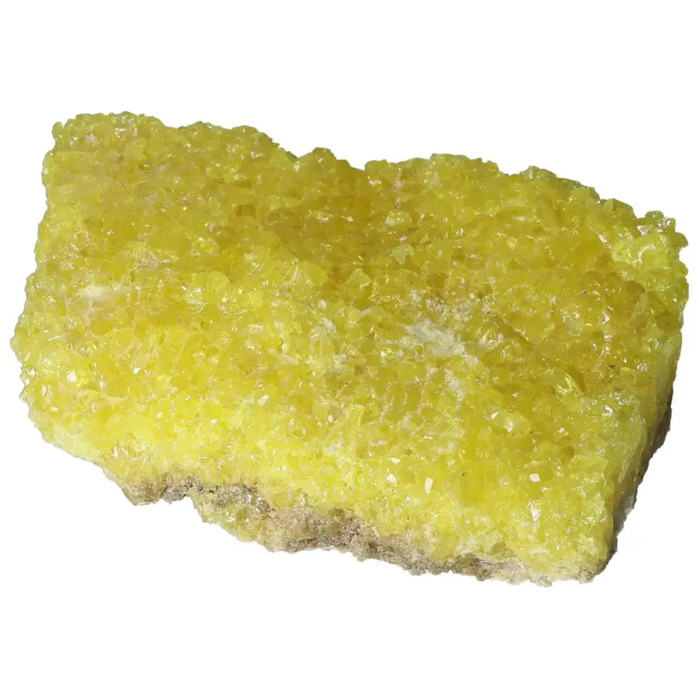 Vibrant yellow Rough Sulphur Druze from Sylvia Crystals with intricate formations, showcasing natural textures and unique gemstone beauty.