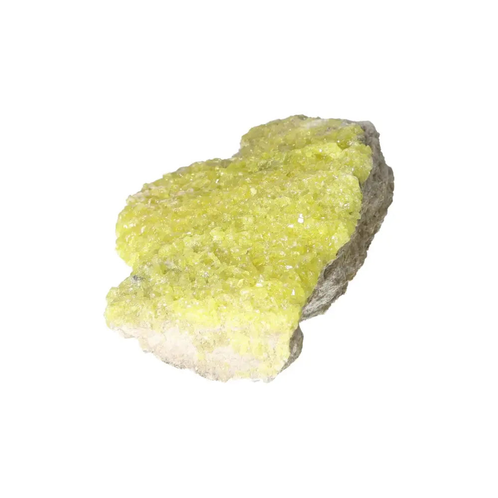 Vivid yellow Rough Sulphur Druze with intricate crystalline formations, handpicked for quality by Sylvia Crystals.