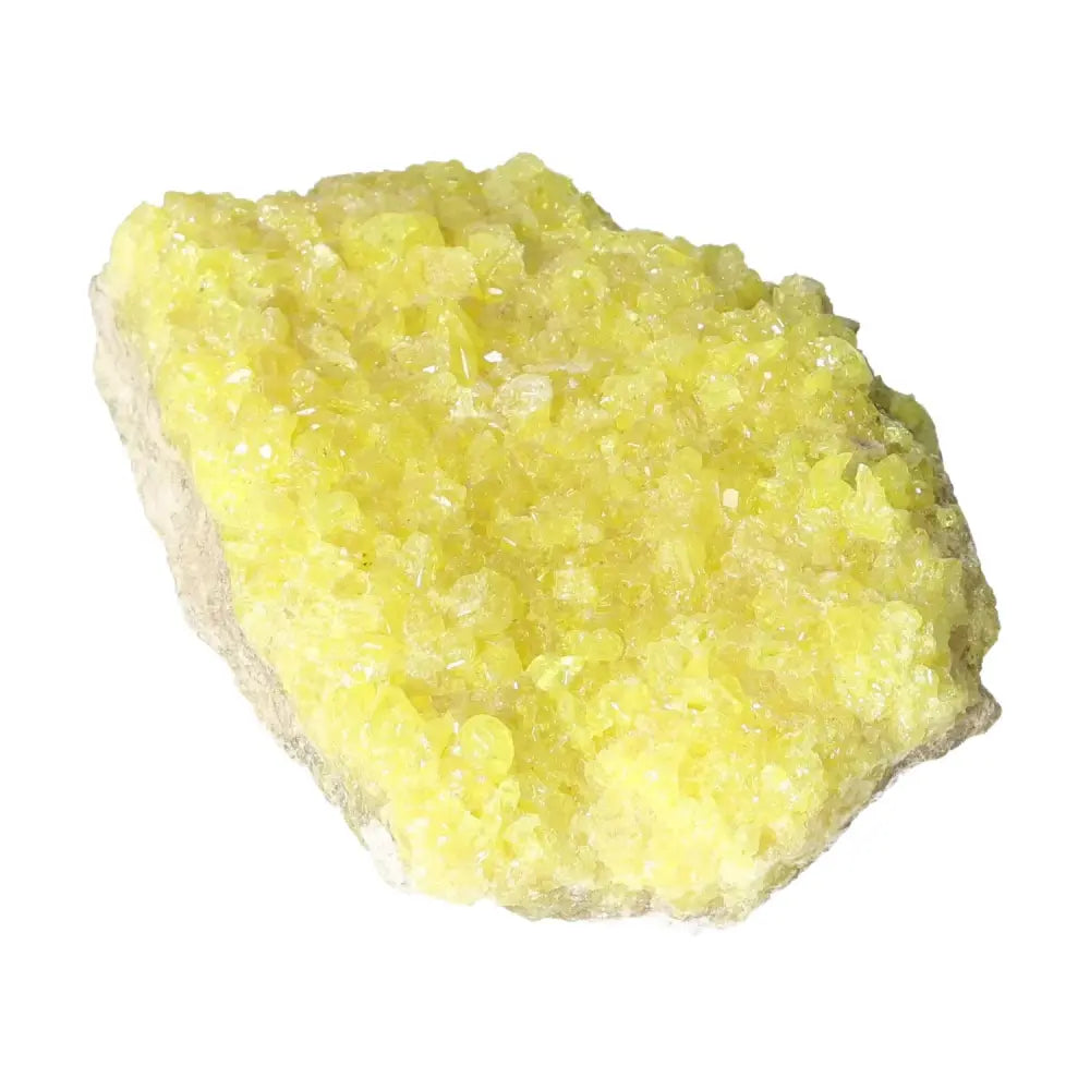 Bright yellow Rough Sulphur Druze crystal from Sylvia Crystals, showcasing natural beauty and vibrant energy.